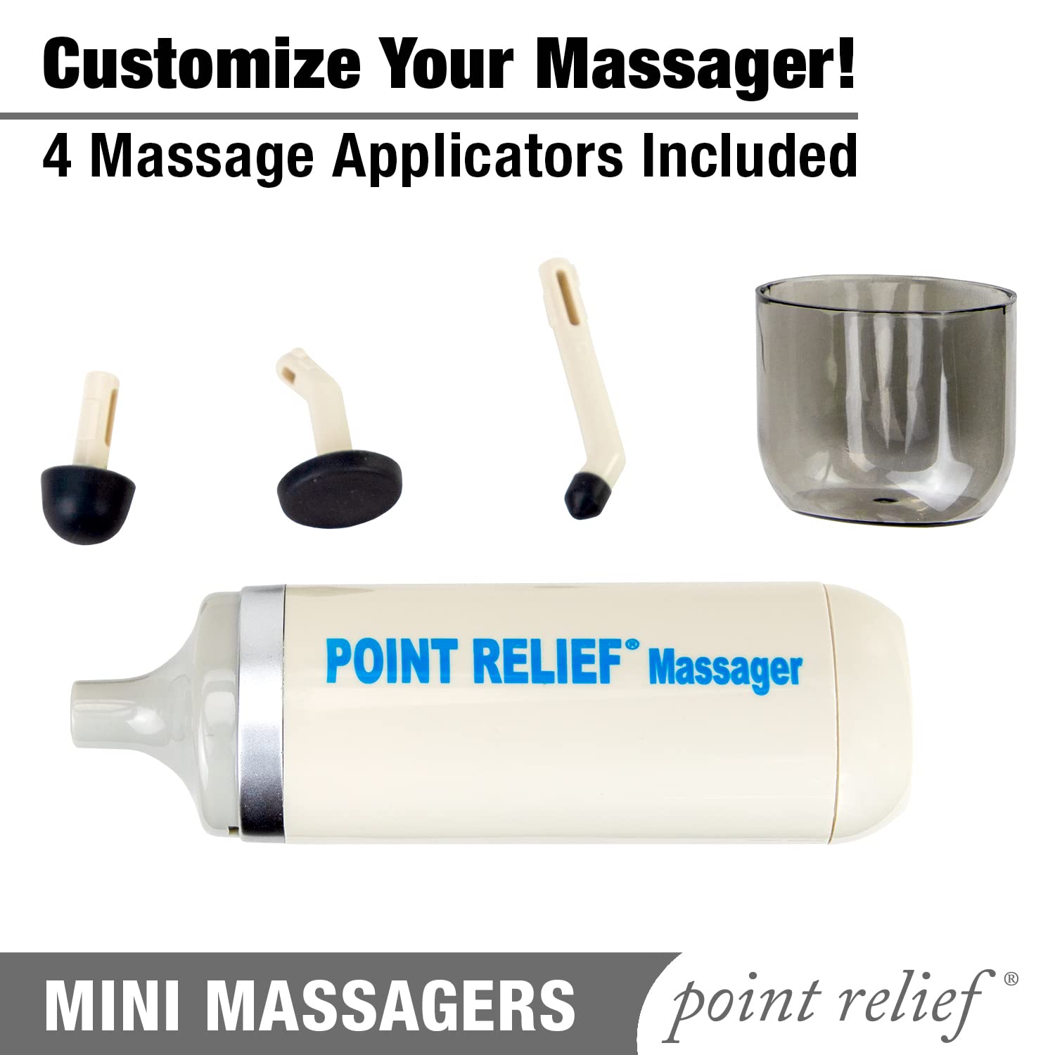 Point Relief Mini-Massager – tetes-massage-quatre : personnalisation du massage avec quatre têtes.