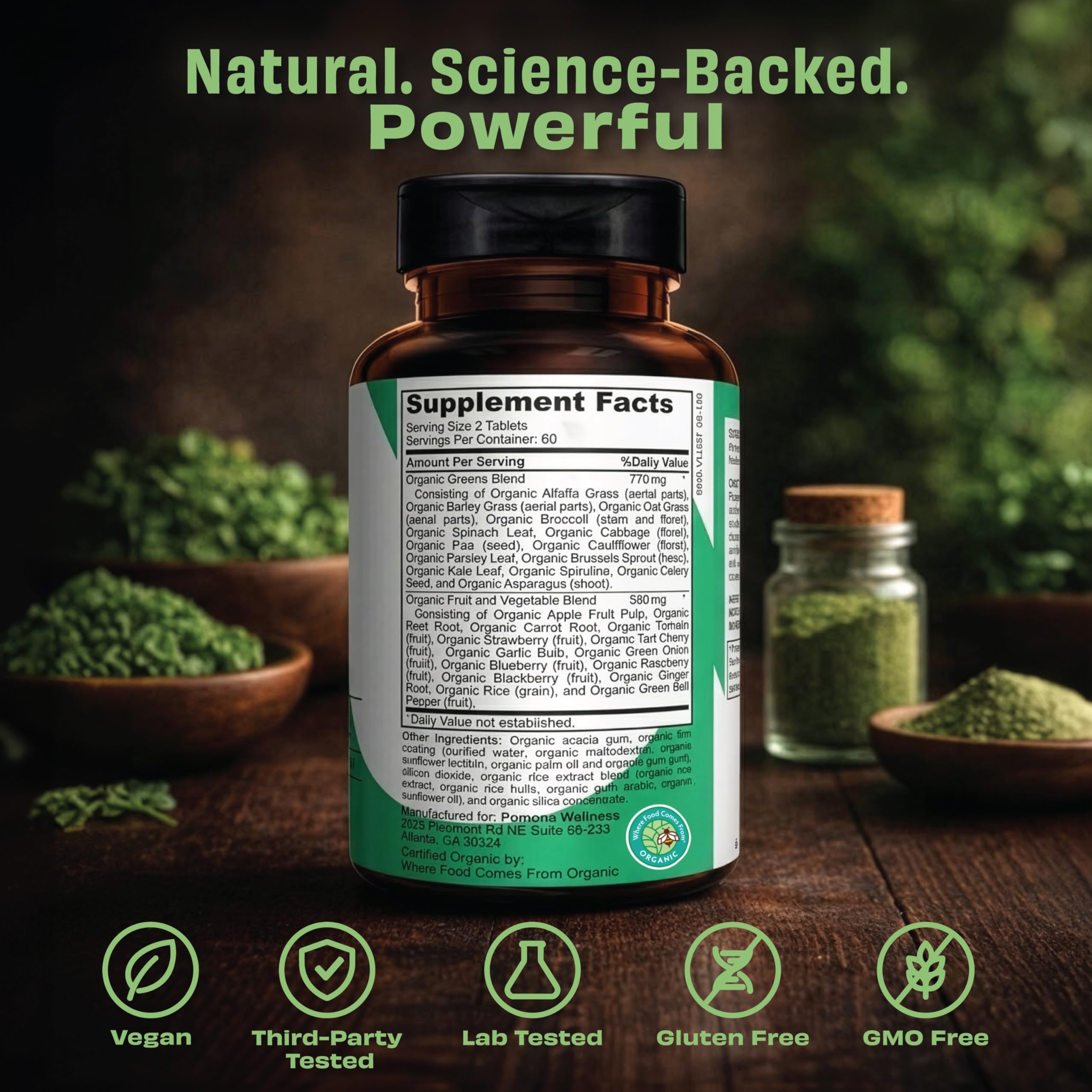 Pomona Wellness Super Greens emballage bouteille pratique à emporter partout.