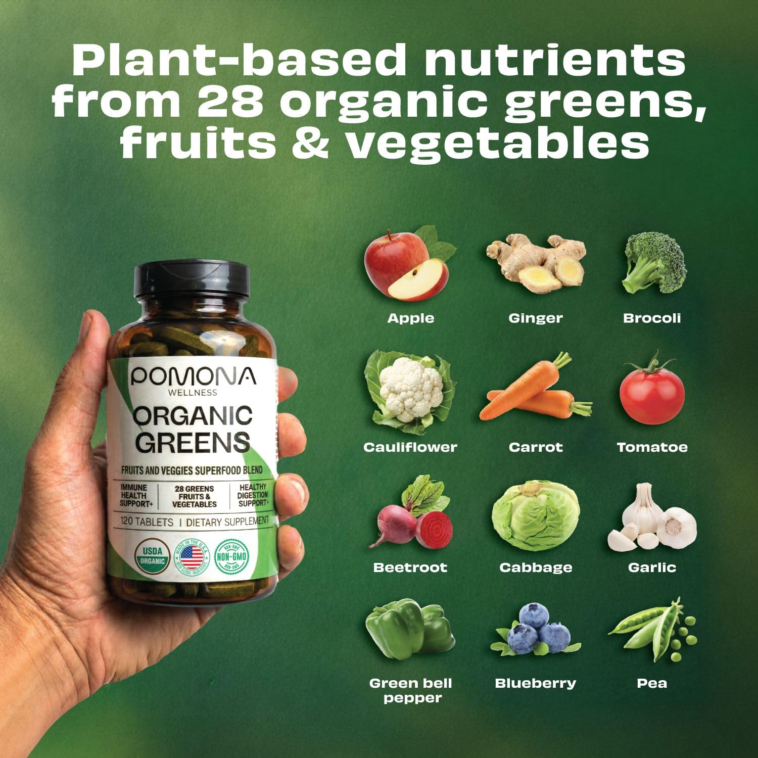Pomona Wellness Super Greens: étiquette Bio certifiée USDA et ingrédients sans additifs.