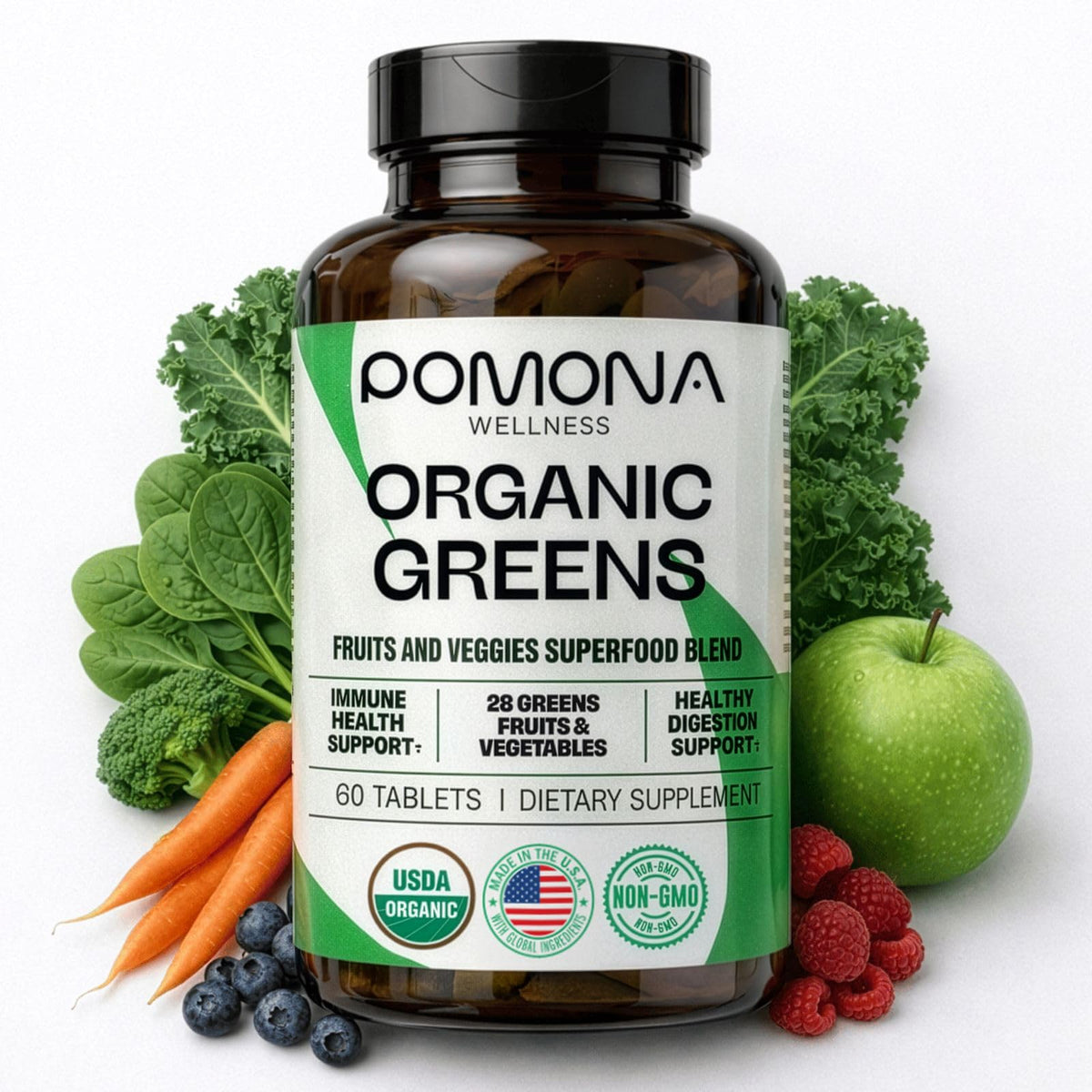 Pomona Wellness Super Greens tablettes pour usage quotidien faciles à intégrer dans votre routine.