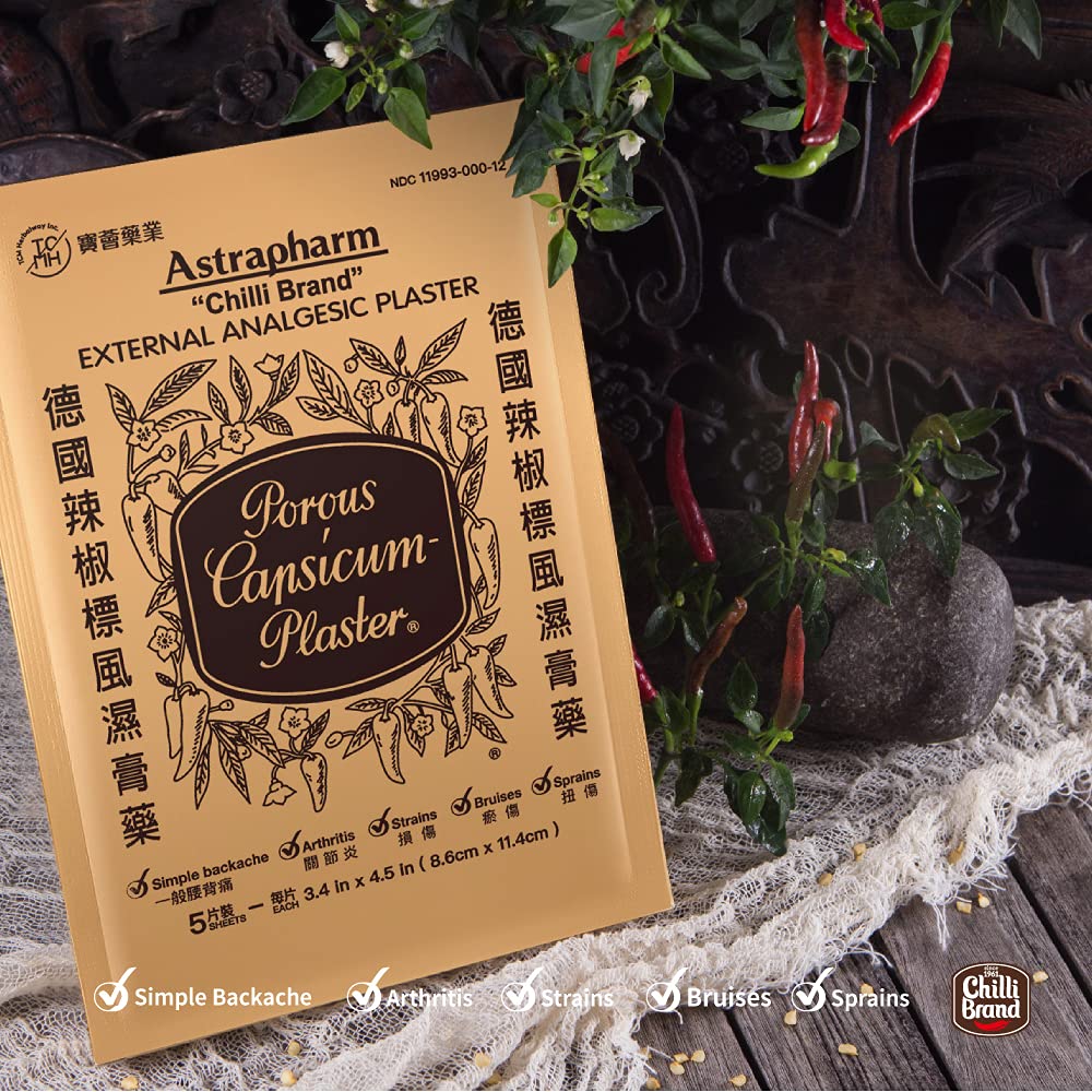 POROUS-CAPSICUM-PLASTER, etiquette-produit et conseils visibles.