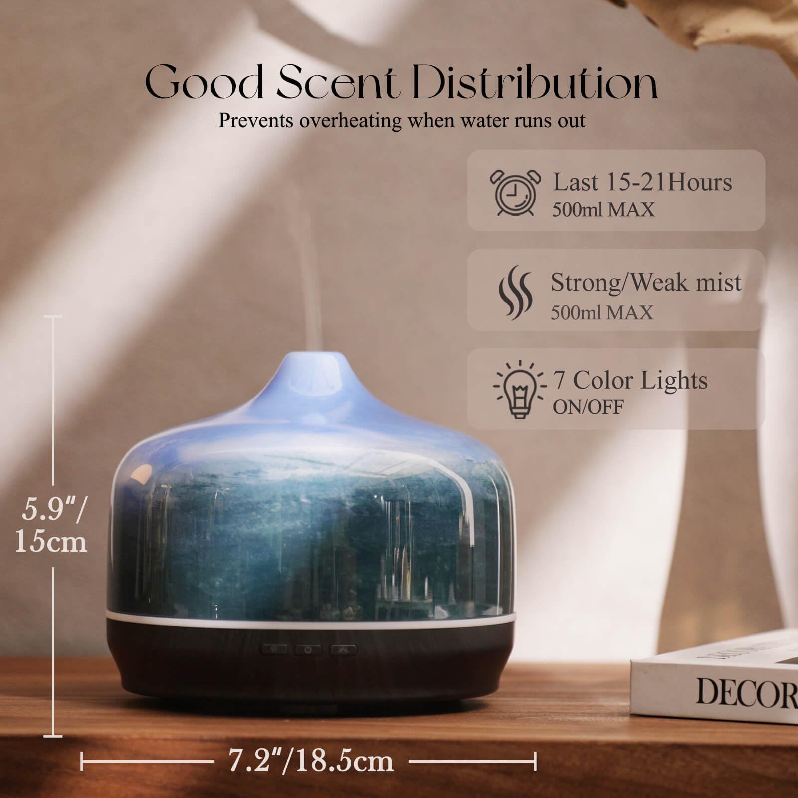Porseme diffuseur verre 500 ml bleu doux base bois, design intérieur élégant