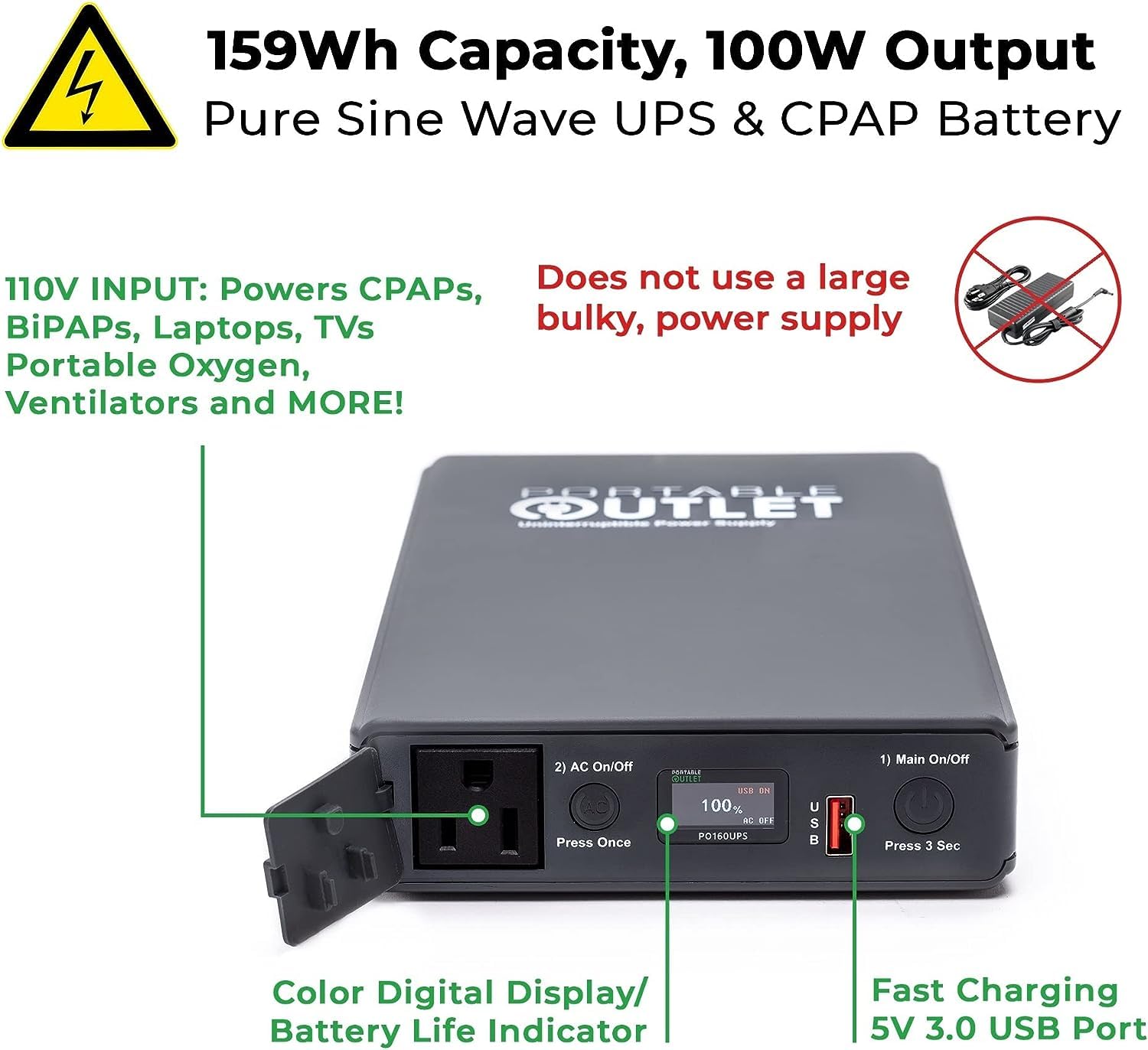 Recharge rapide du Portable Outlet PO-160UPSv2 en 4-5 heures