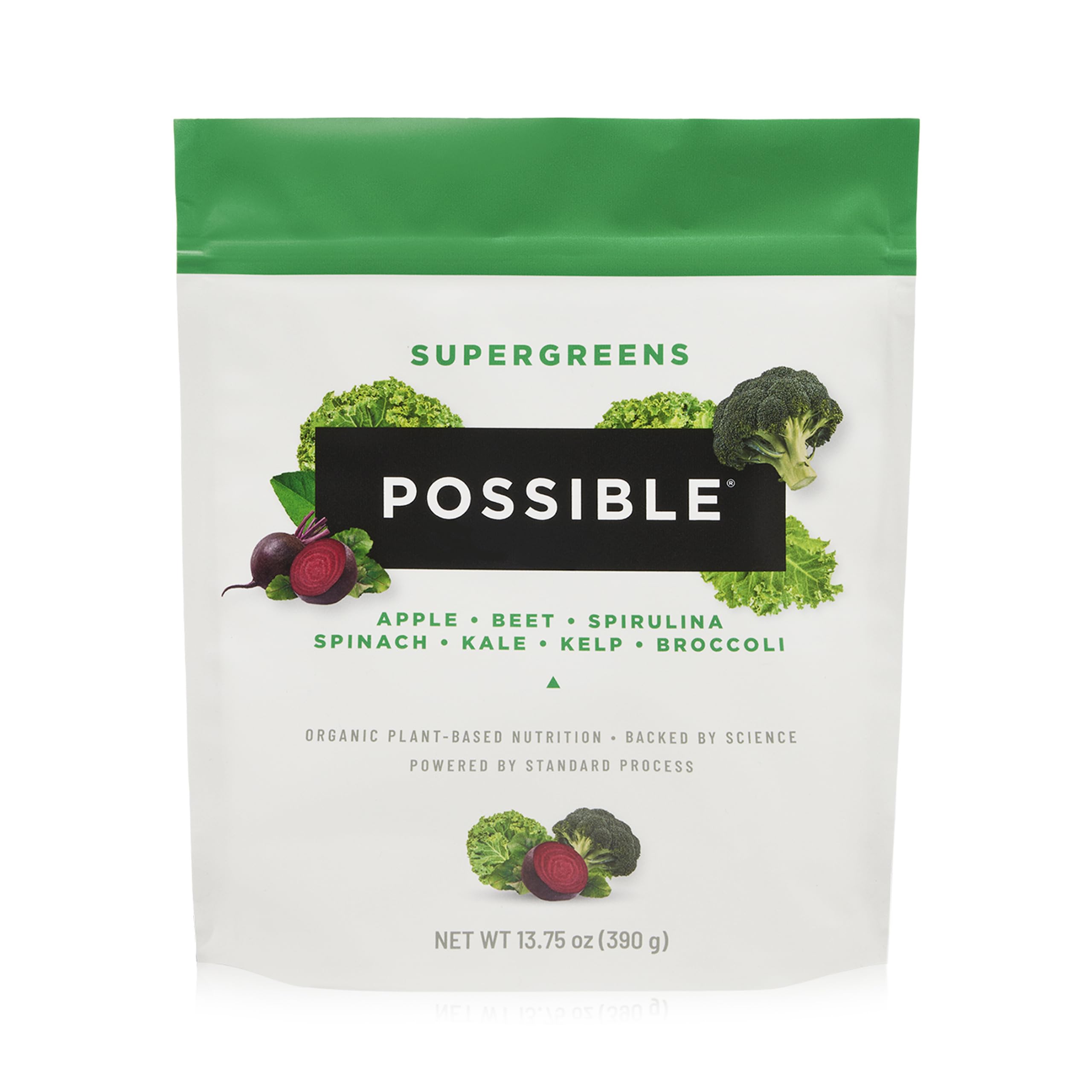 Possible SuperGreens: poudre vertes dans verre, énergie naturelle et nutrition quotidienne.