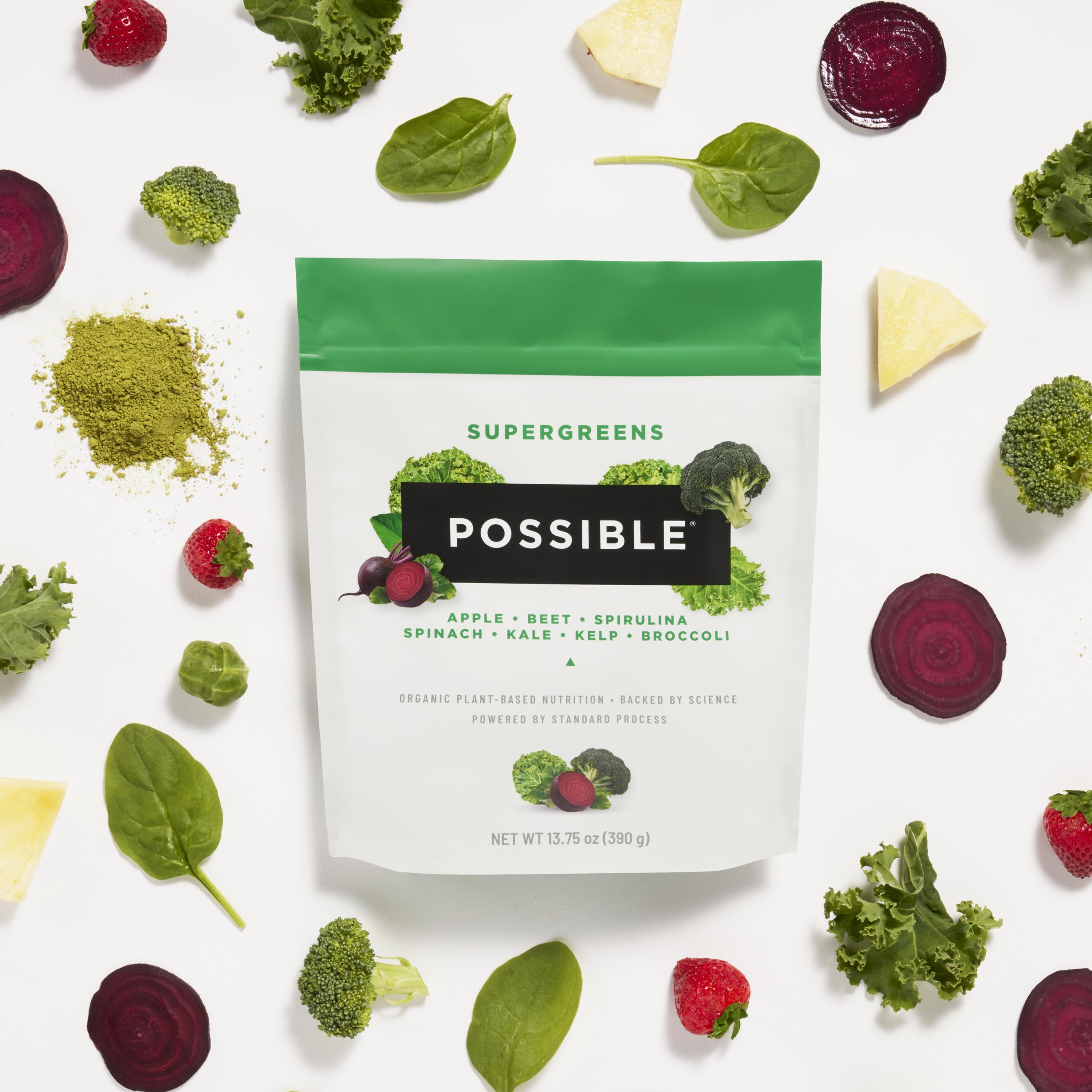 Possible SuperGreens: utilisation rapide dans eau ou smoothie, routine nutritionnelle simplifiée.