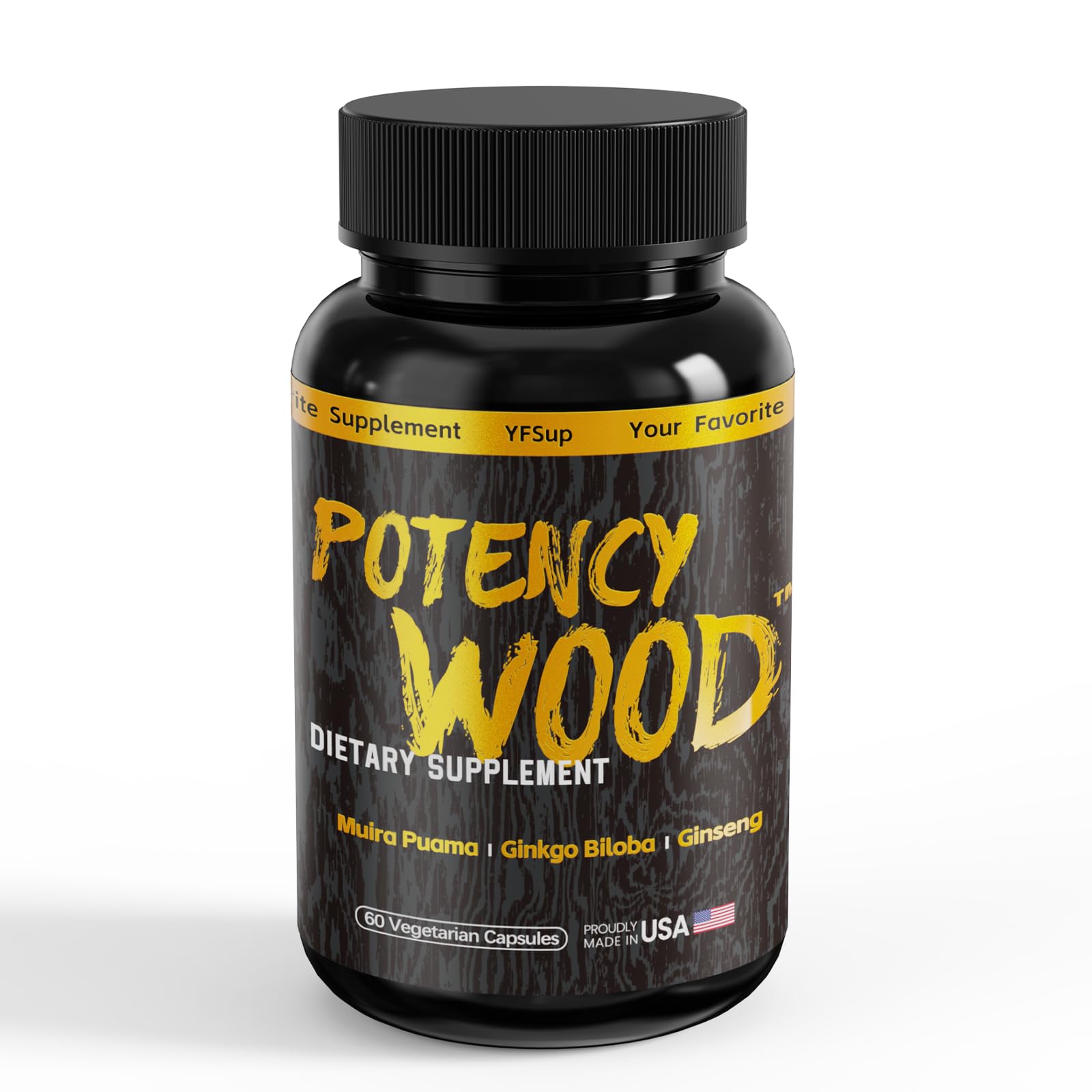 Potency Wood: bouteille de pilules 60 pour énergie soutenue et bien-être quotidien.