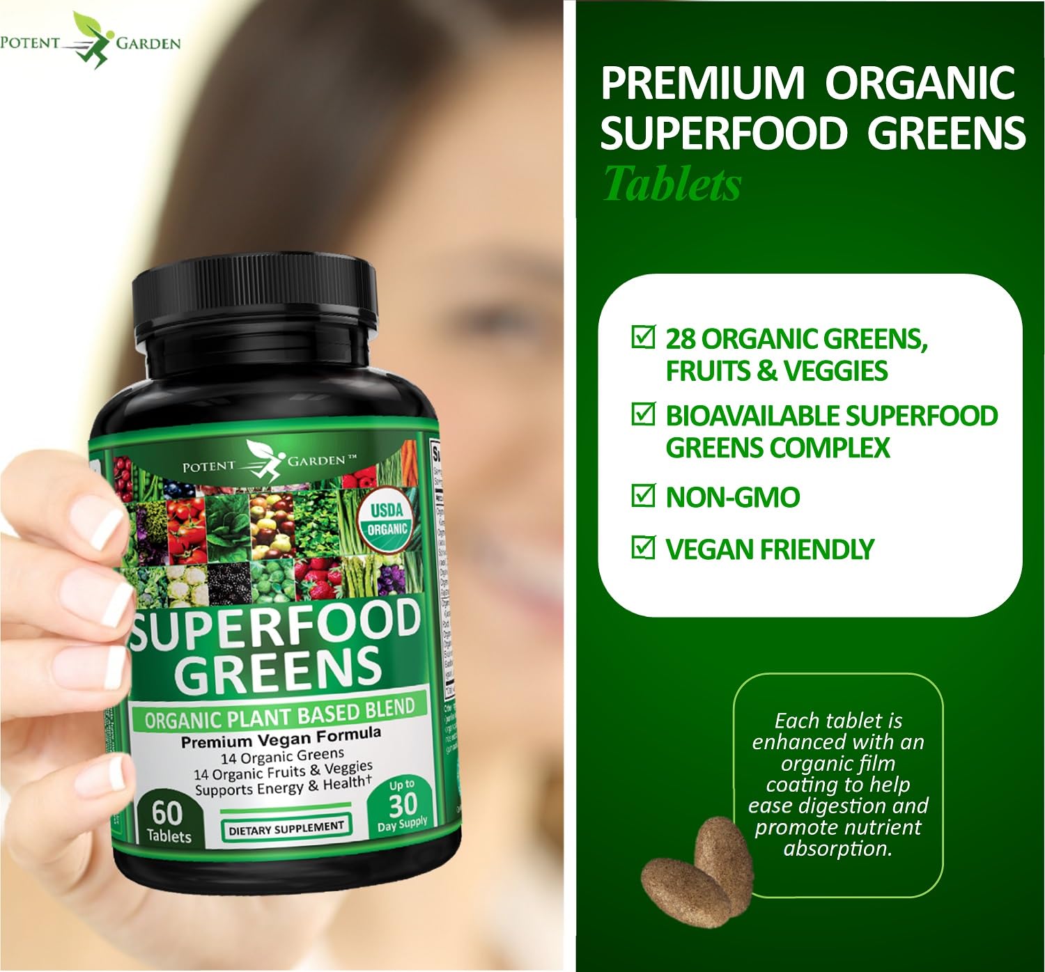 Gros plan spiruline et kale dans les tablettes Potent Garden