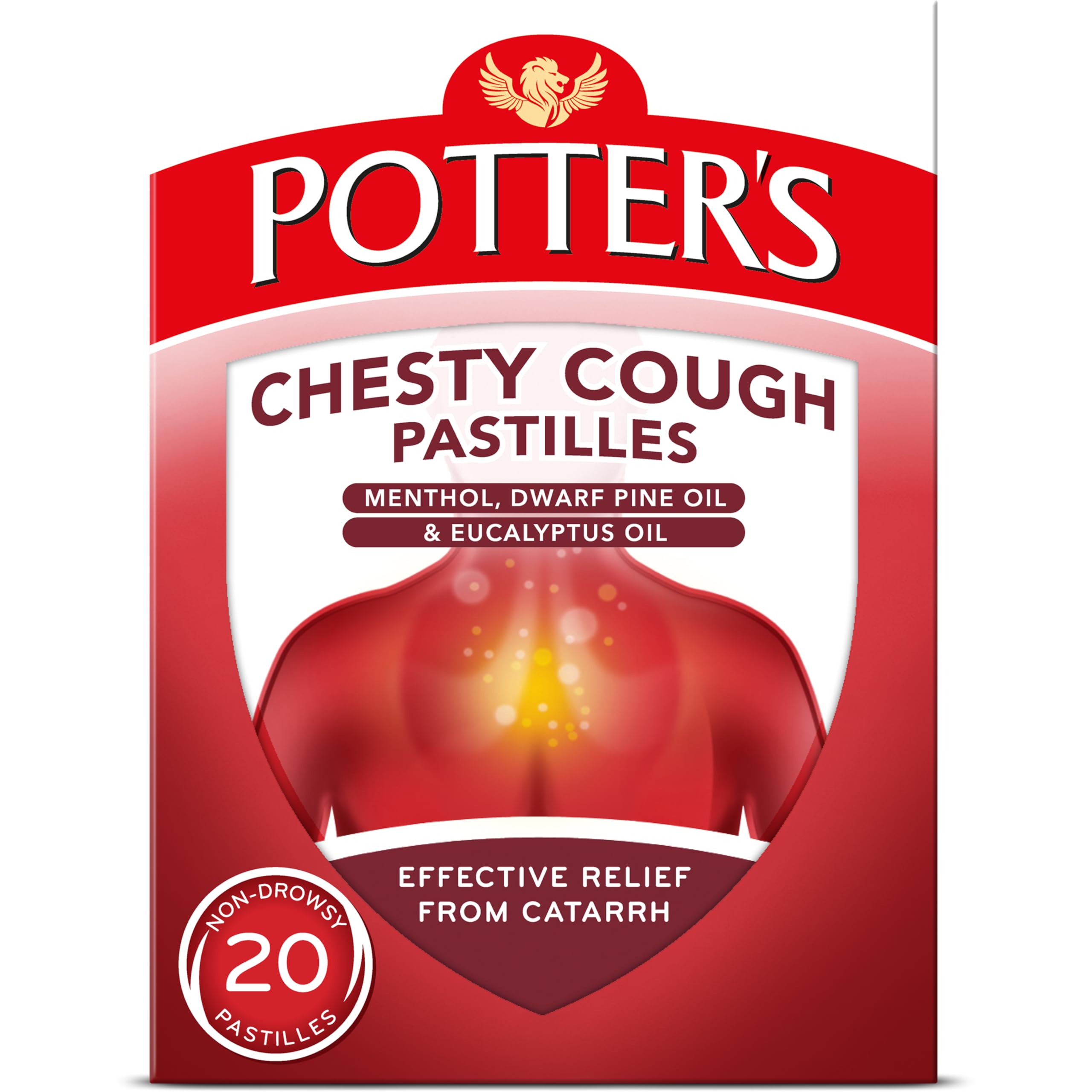 Potters Chesty Cough, boîte ouverte, réconfort et respiration plus libre.
