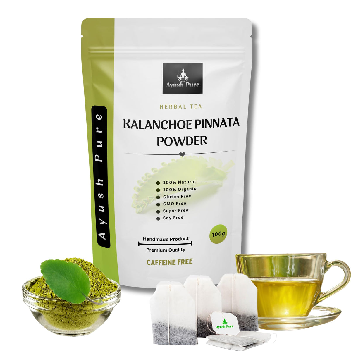 Poudre de feuilles Kalanchoe pinnata, riche en nutriments, idéale pour smoothies et jus.