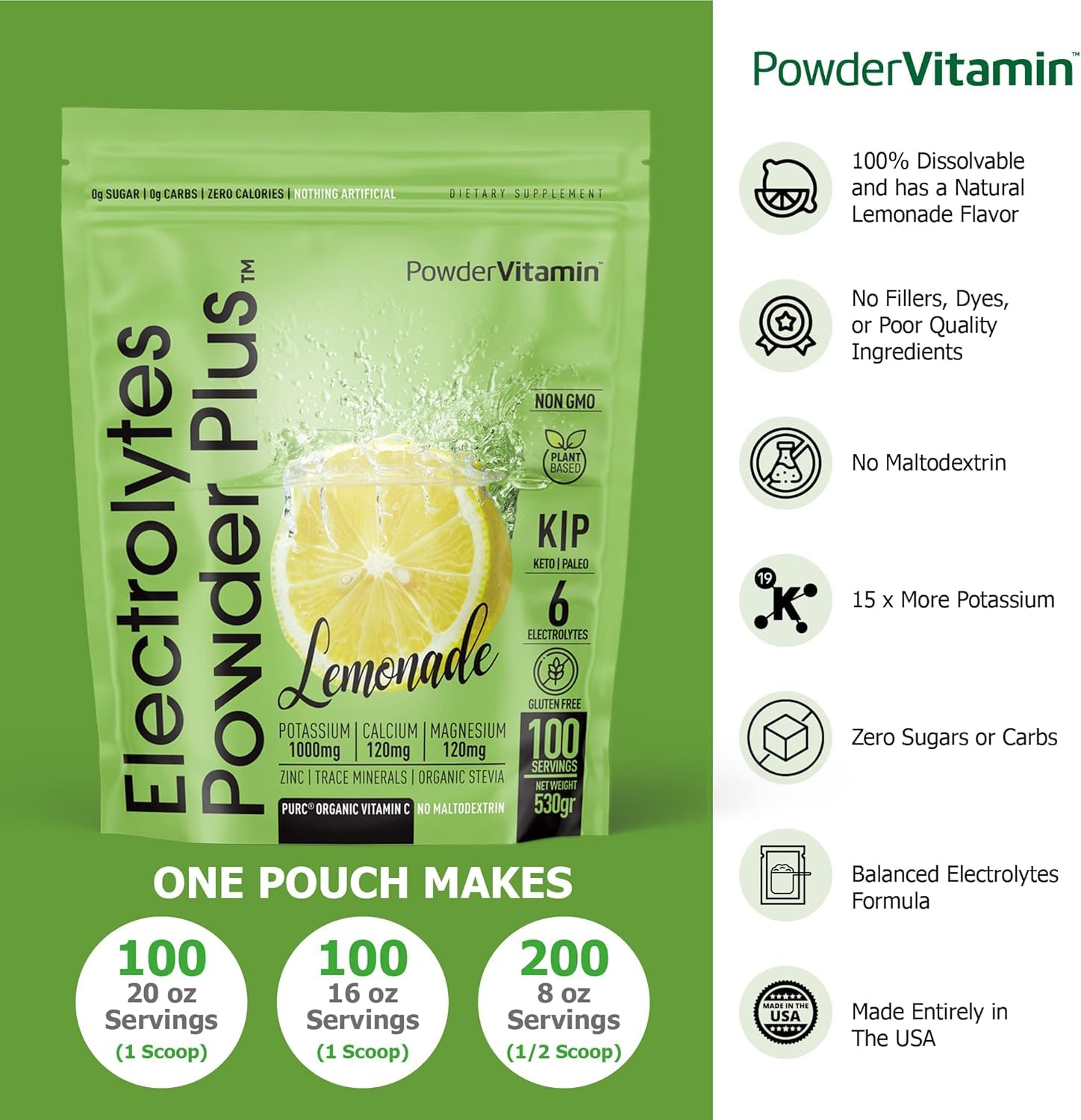 PowderVitamin Bouteille Électrolytes sans sucre, pratique en déplacement