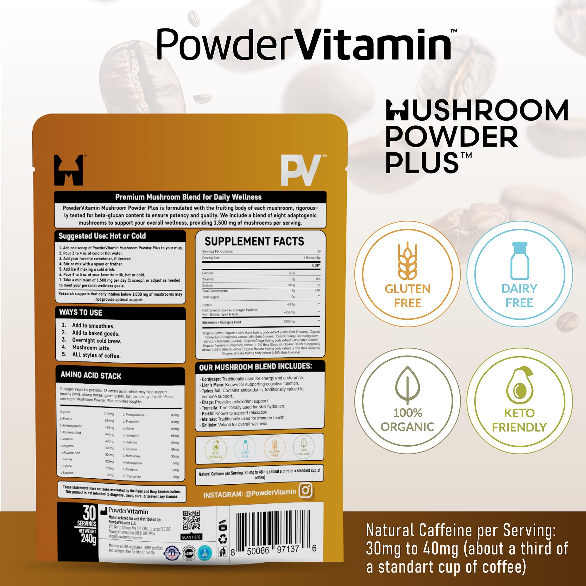 PowderVitamin collagène types I et III soutient articulations et peau.