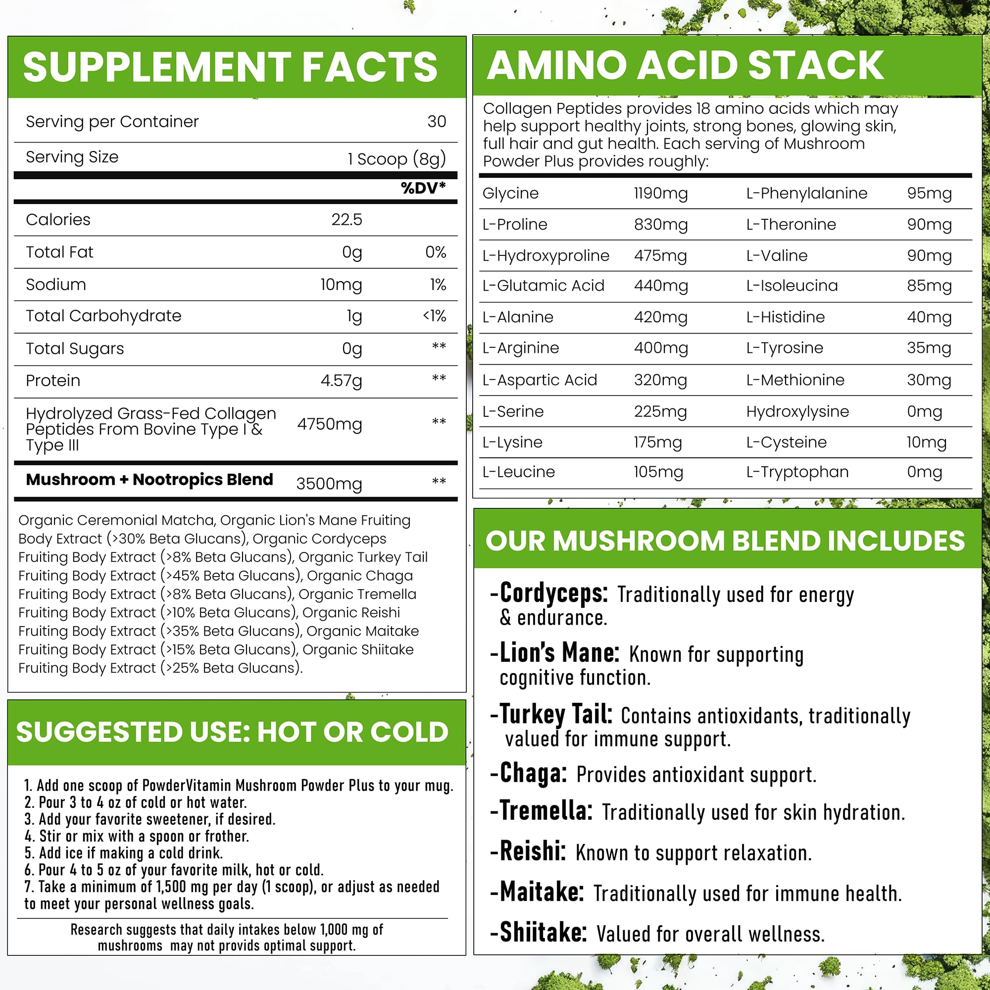 Collagène PowderVitamin types I et III: soutien articulations et peau.