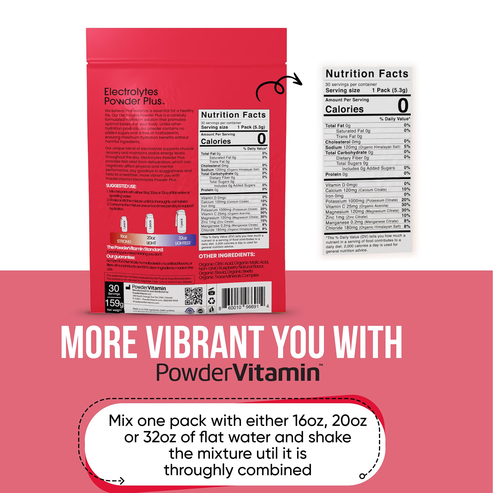 PowderVitamin Electrolytes, calcium 120 mg pour le maintien minéral en framboise.