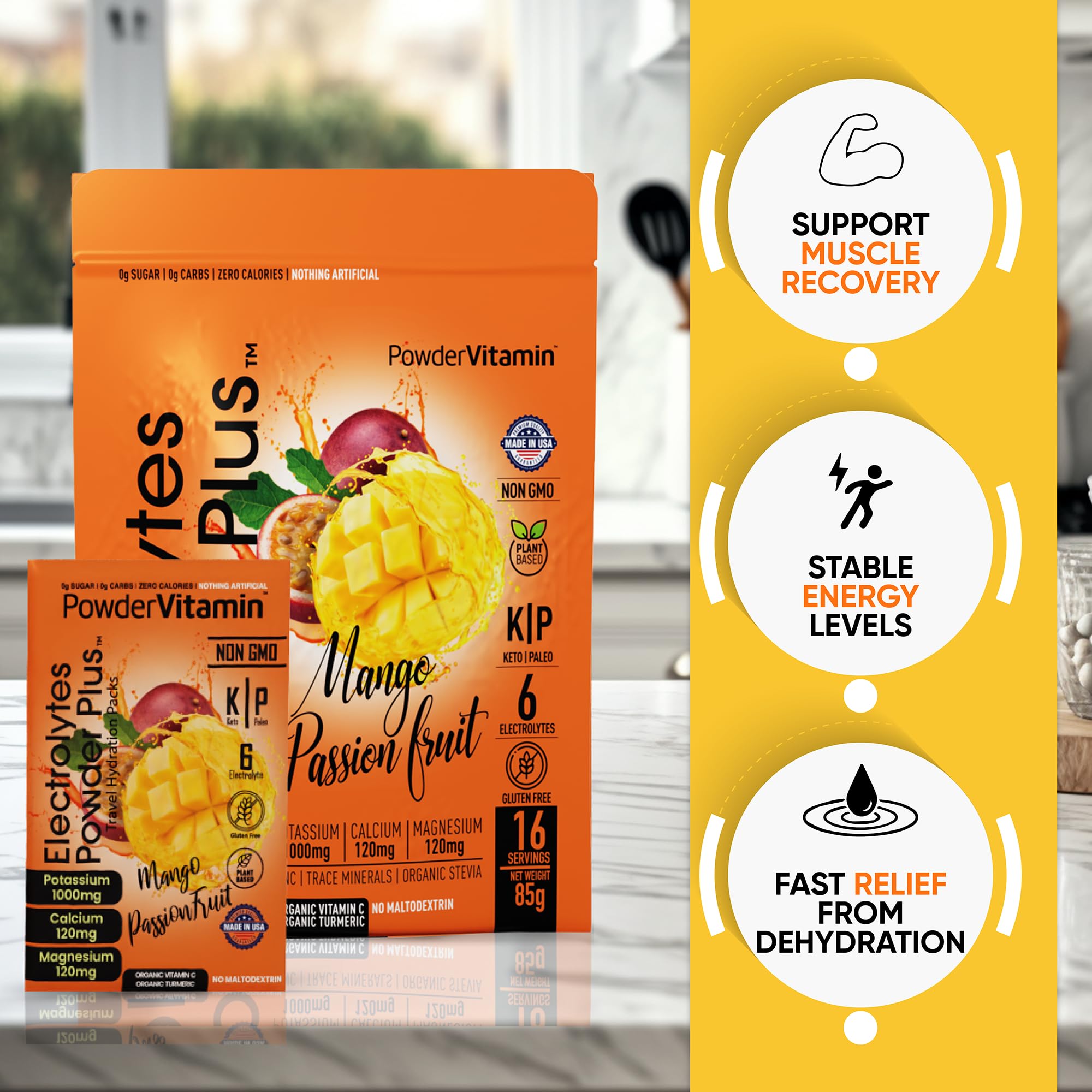 Poudre Electrolytes Powder Plus se dilue facilement dans une boisson fruitée mangue-fruit de la passion.