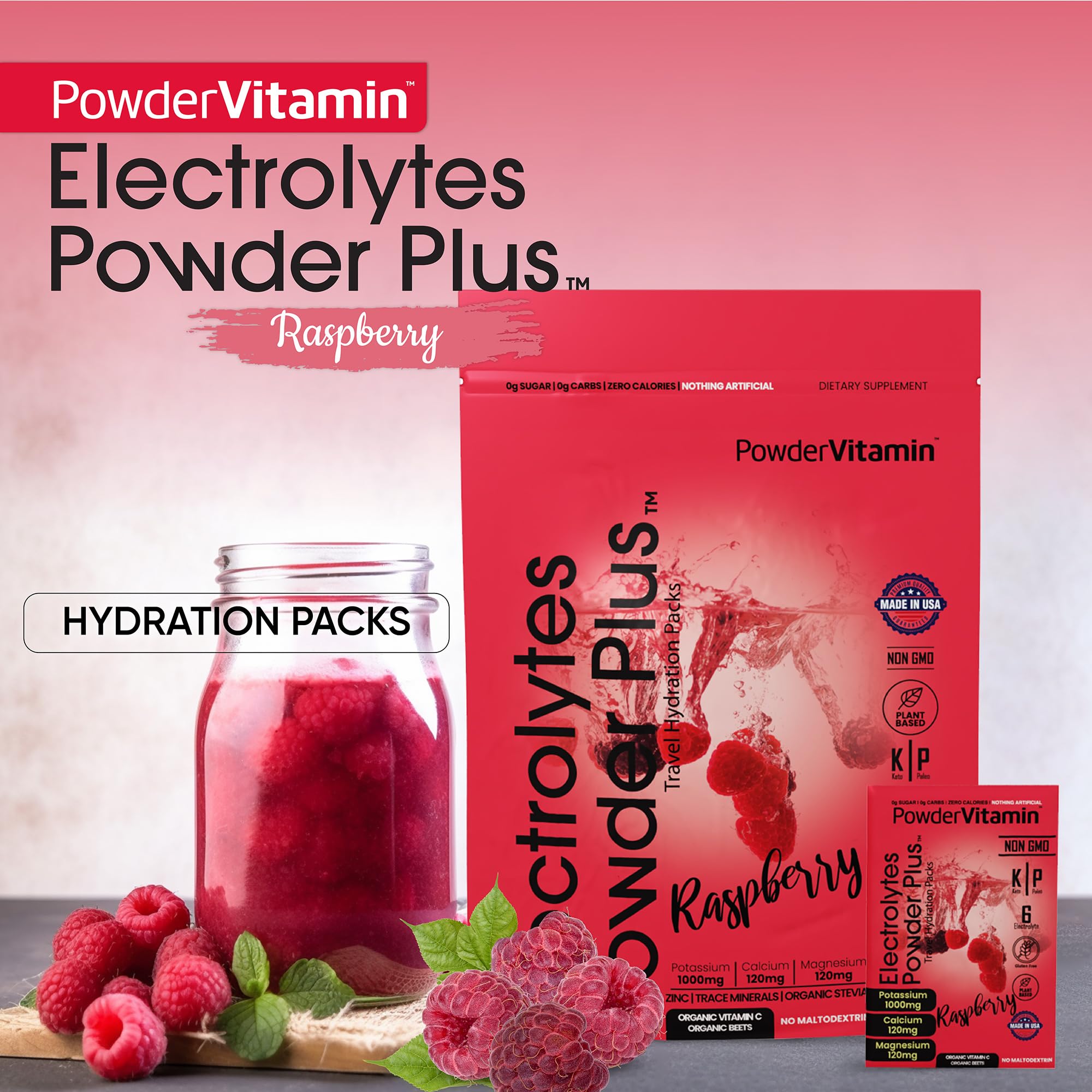PowderVitamin Electrolytes, dissolution rapide dans l eau framboise sans sucre.