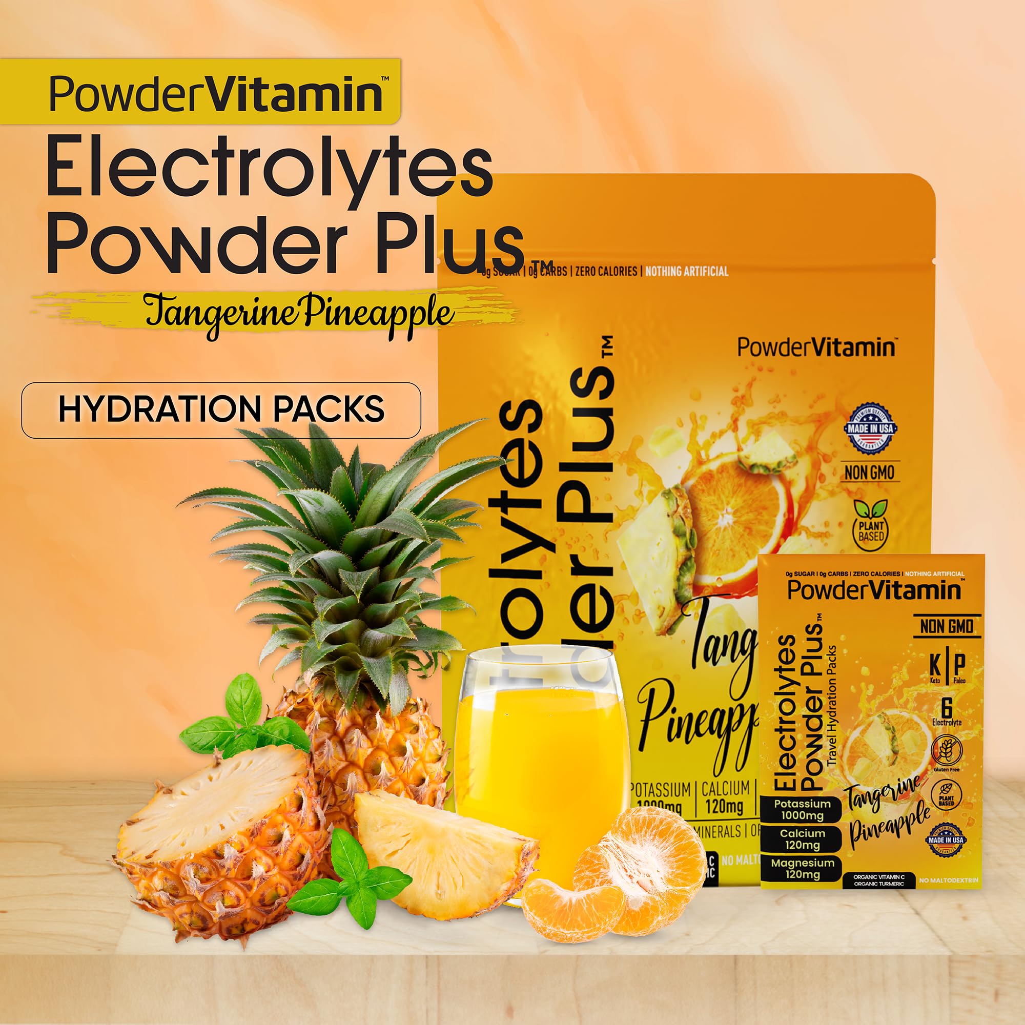 PowderVitamin Électrolytes – emballage clair et ingrédients visibles pour dilution rapide.