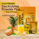 PowderVitamin Électrolytes – emballage clair et ingrédients visibles pour dilution rapide.