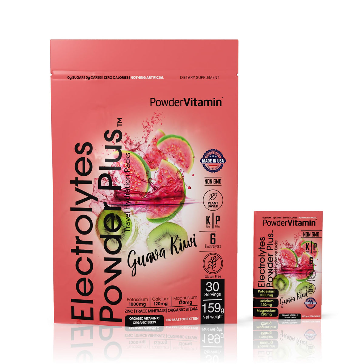 PowderVitamin Electrolytes Guava Kiwi – sachets d'hydratation faciles à emporter pour l'entraînement.