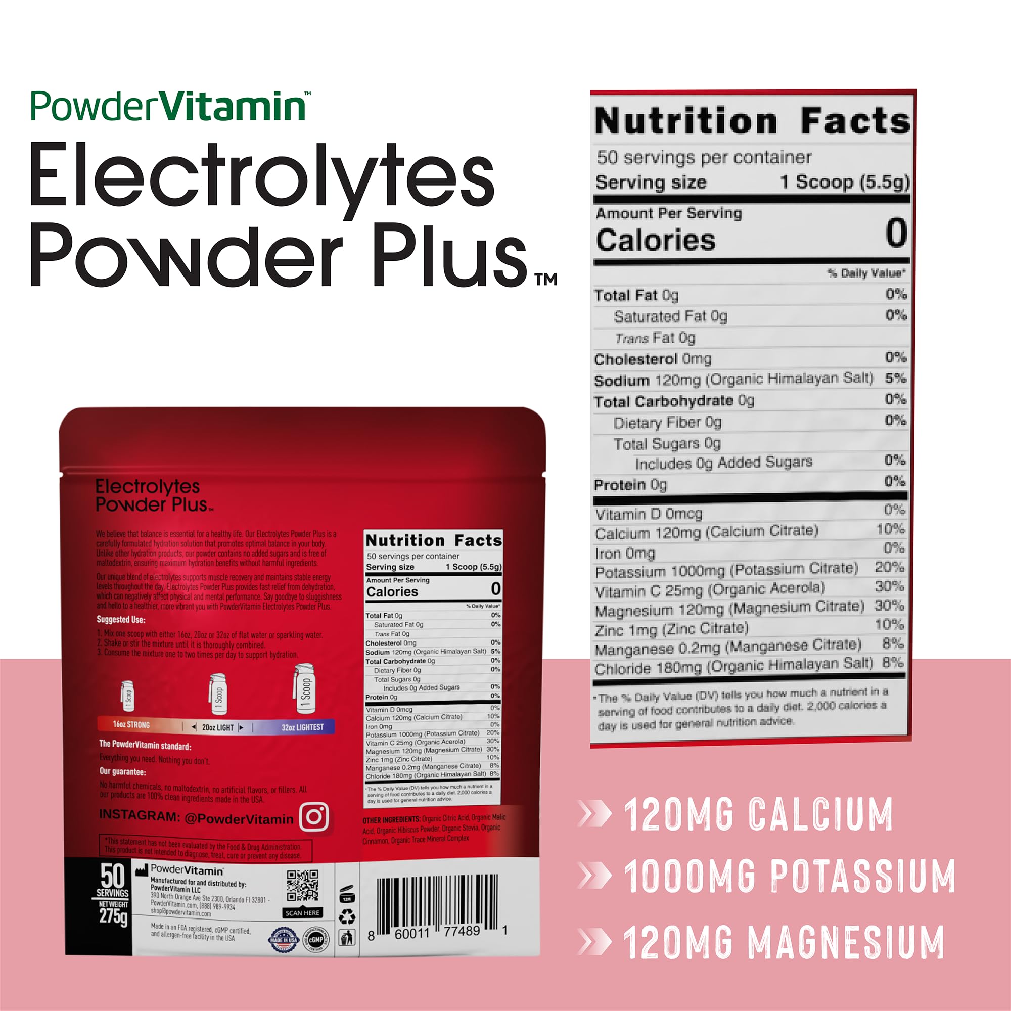 PowderVitamin Électrolytes Hibiscus – doseur inclus pour mesurer facilement une boisson sans calories.