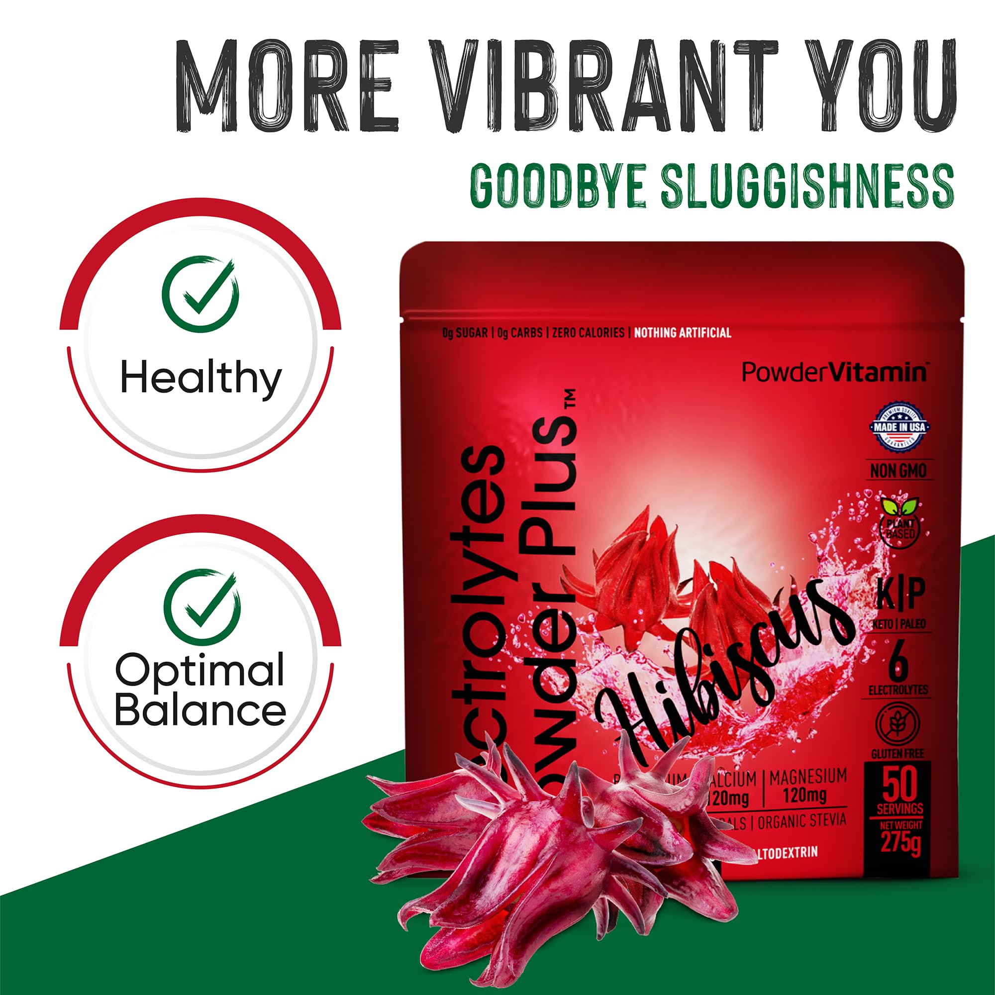 PowderVitamin Électrolytes Hibiscus – potassium élevé pour soutenir l’hydratation.