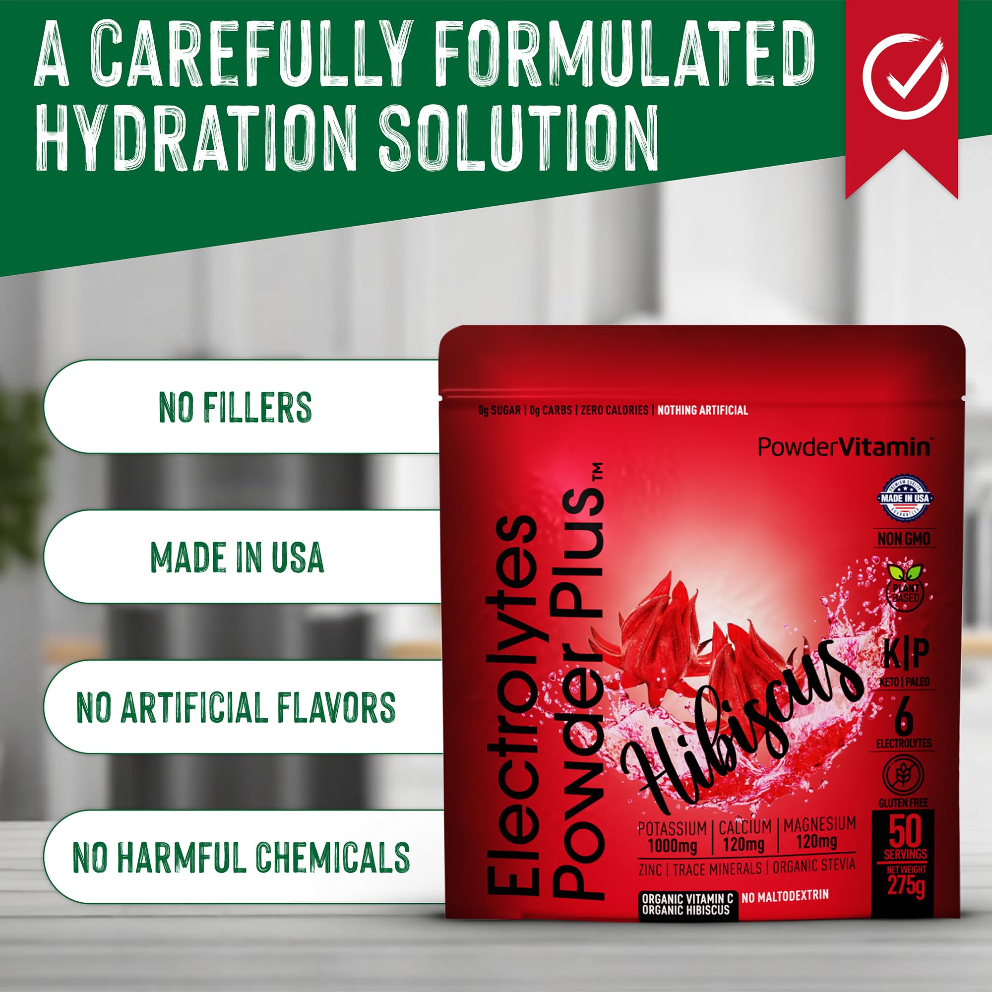 PowderVitamin Électrolytes Hibiscus – sachet 50 portions pour le quotidien actif.