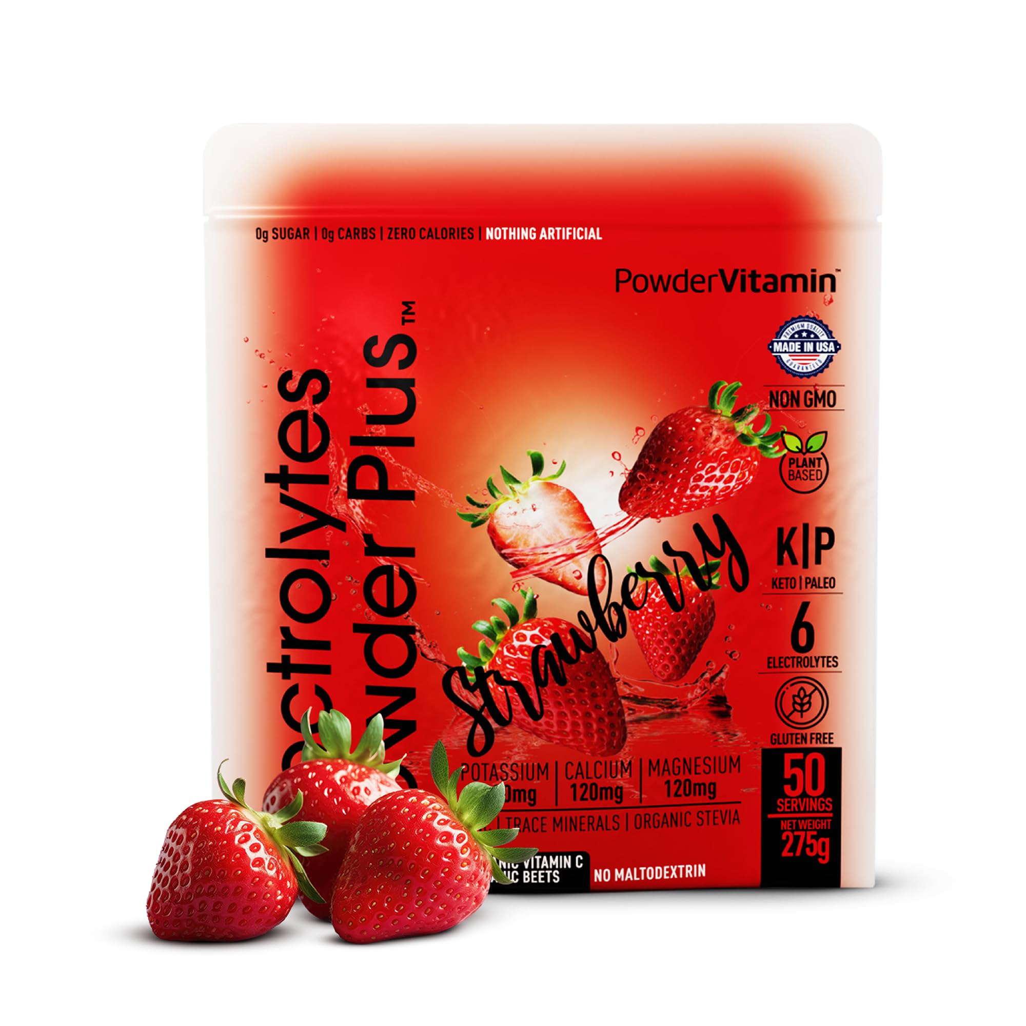 PowderVitamin Électrolytes Keto fraise en poudre, hydratation sans sucre après l'effort.