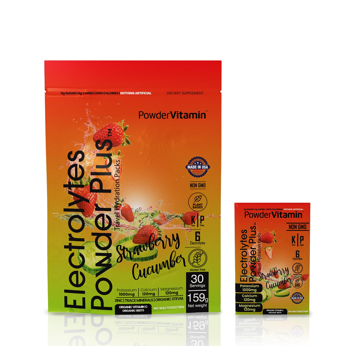 PowderVitamin Électrolytes sachet fraise-concombre pour hydratation céto.