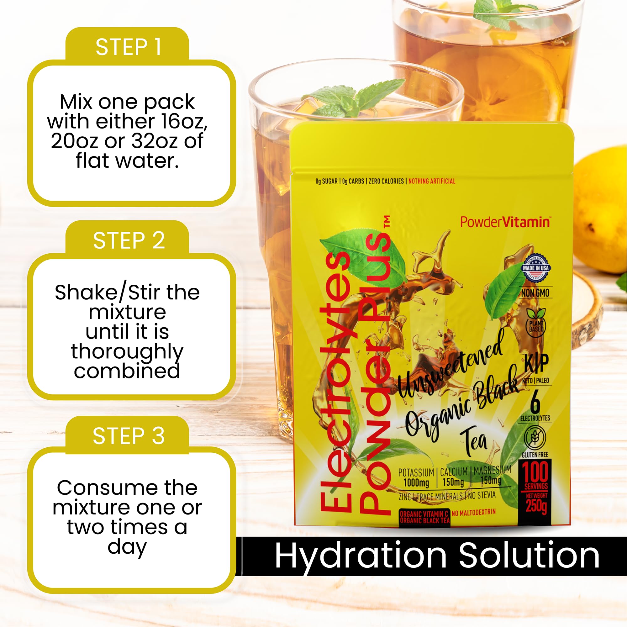 PowderVitamin Electrolytes Plus, boîte doseuse sur plan de travail pour hydratation post-entrainement.