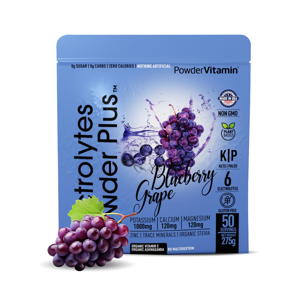 PowderVitamin Électrolytes Plus: bouteille et versement, hydratation après l'effort.