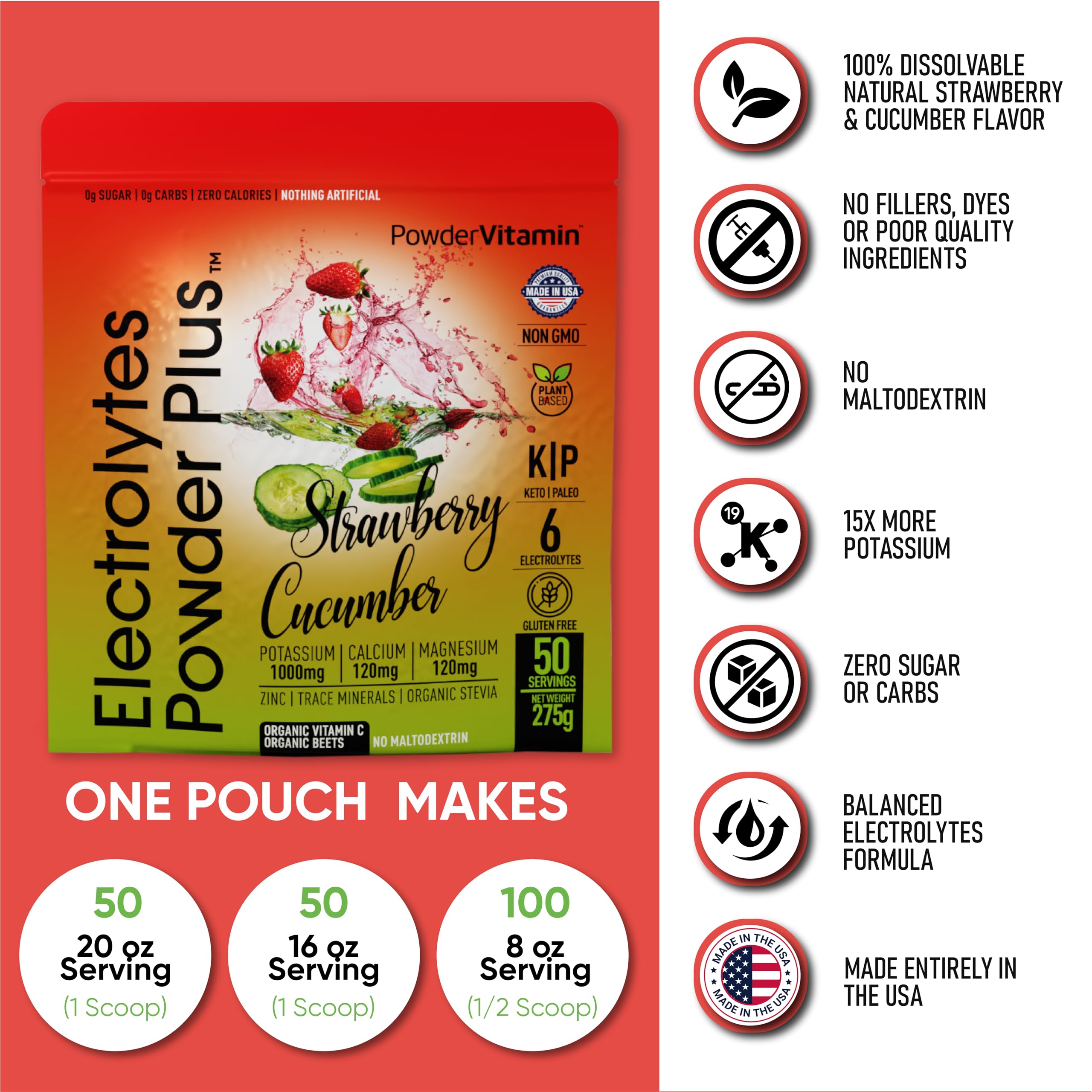 PowderVitamin Electrolytes Plus - mélange dans eau plate ou gazeuse pour hydratation rapide.