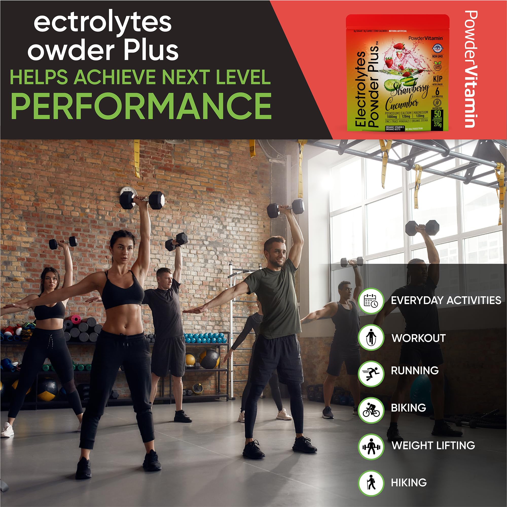 PowderVitamin Electrolytes Plus - ingrédients organiques, vitamine C biologique et zinc.
