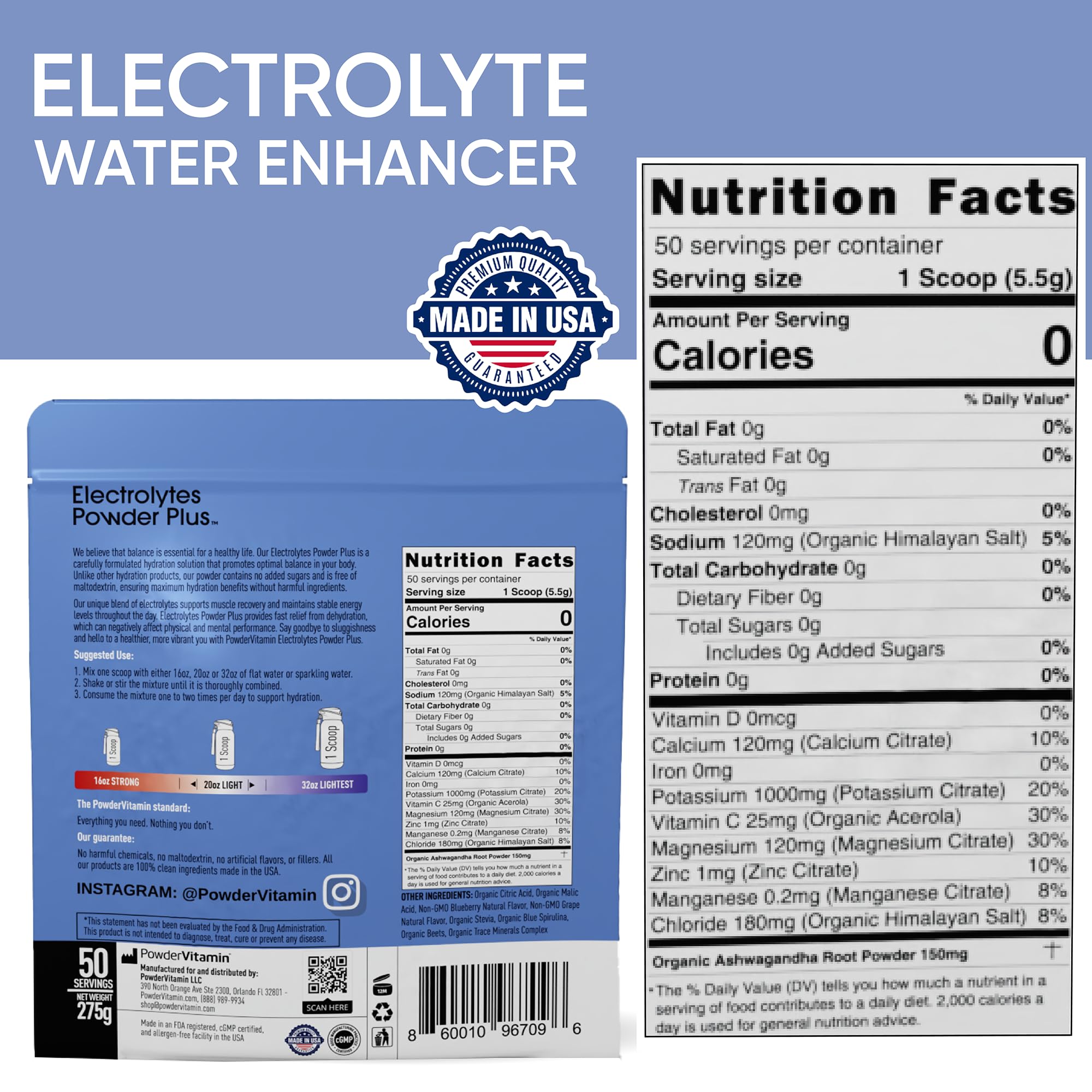 PowderVitamin Électrolytes Plus: préparation rapide dans l’eau, boisson kéto sans calories.