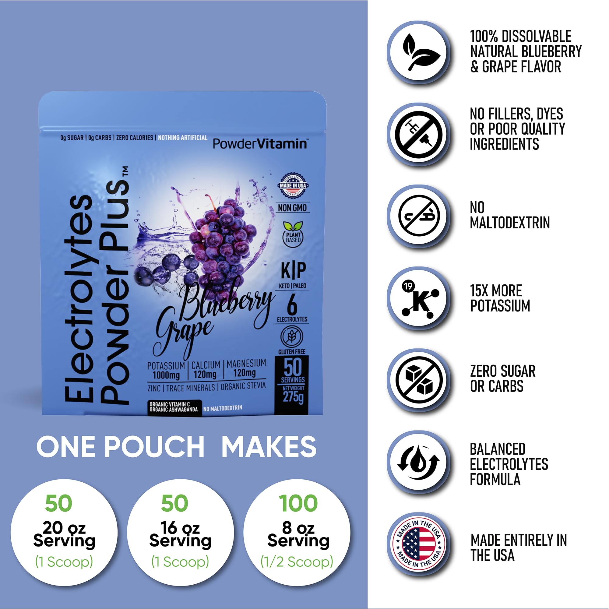 PowderVitamin Électrolytes Plus: vitamine C et zinc organiques pour le soutien immunitaire naturel.