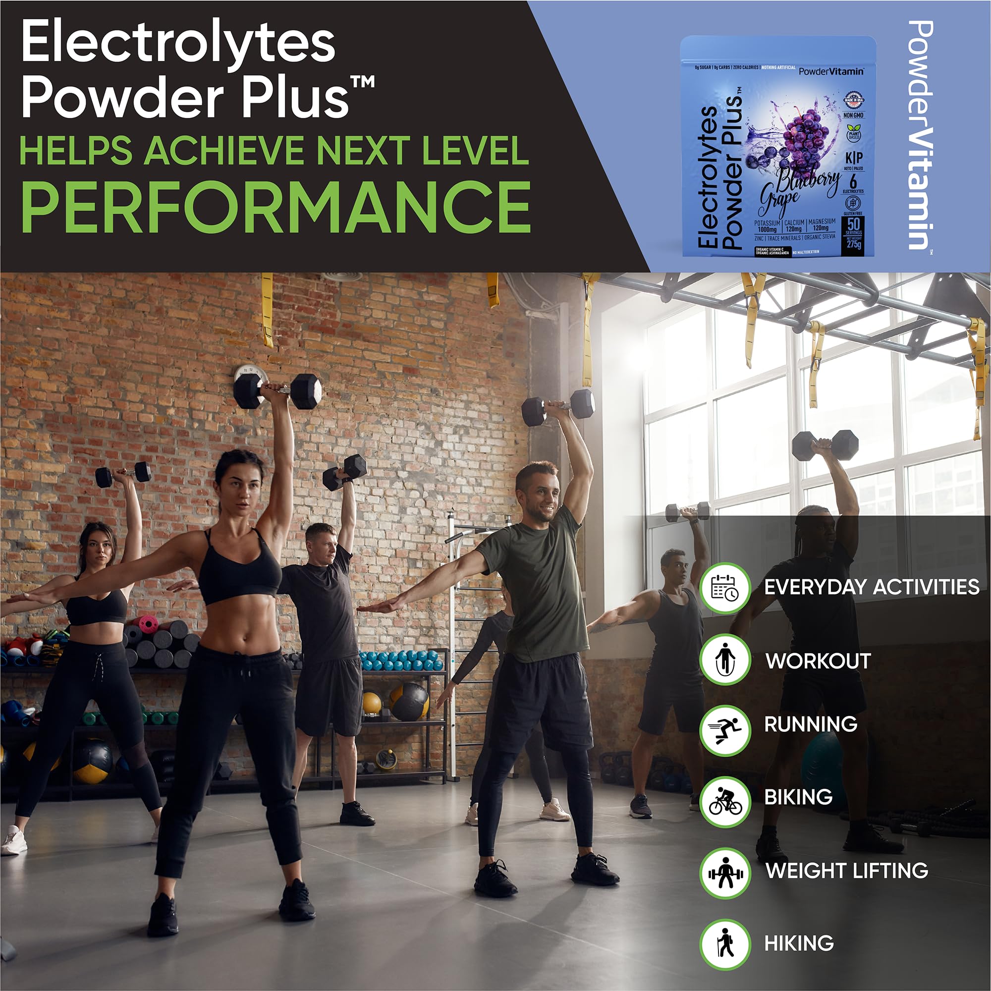 PowderVitamin Électrolytes Plus: 1000 mg de potassium pour l'hydratation et le rétablissement.