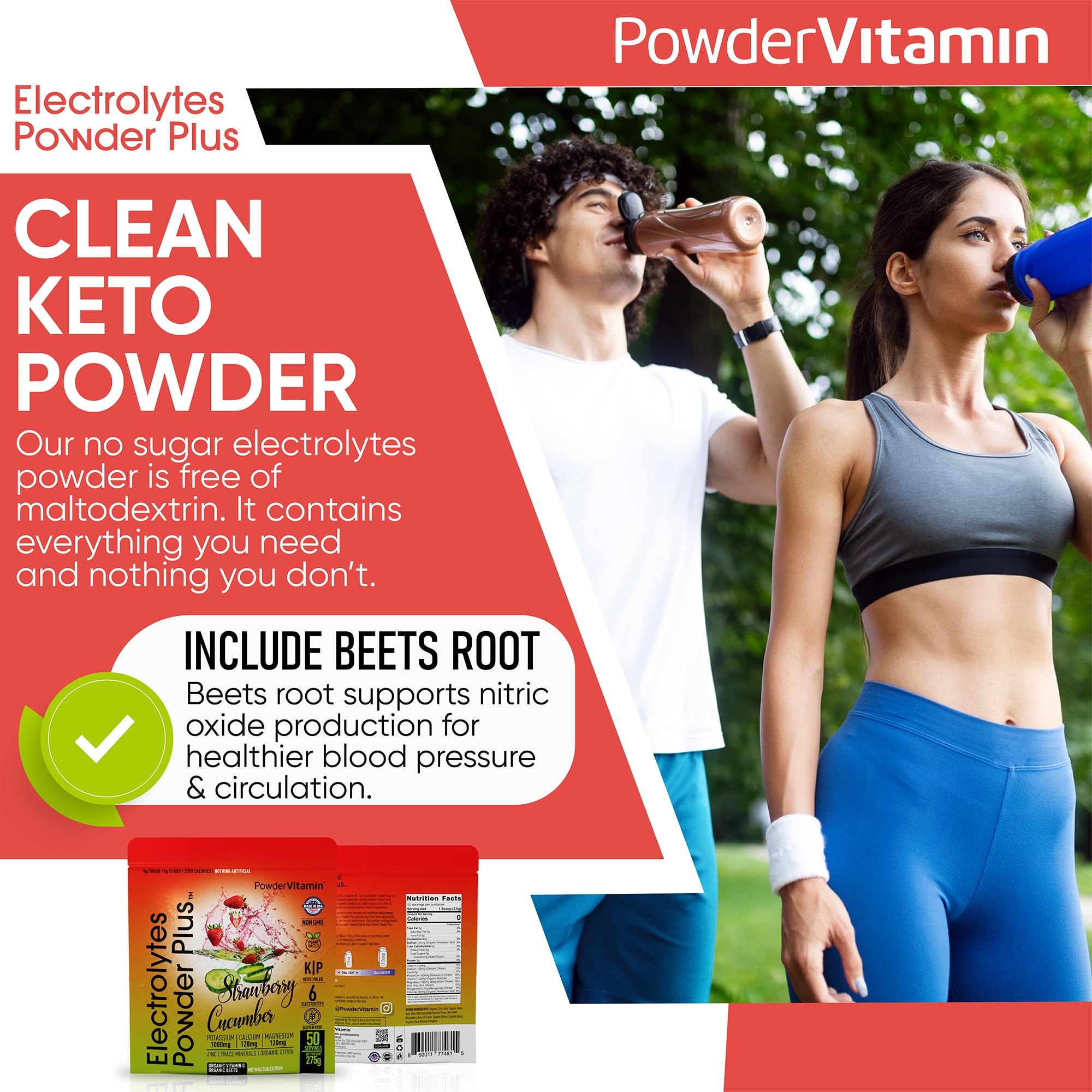 PowderVitamin Electrolytes Plus - utilisation pré-entraînement pour maintien des électrolytes et énergie.