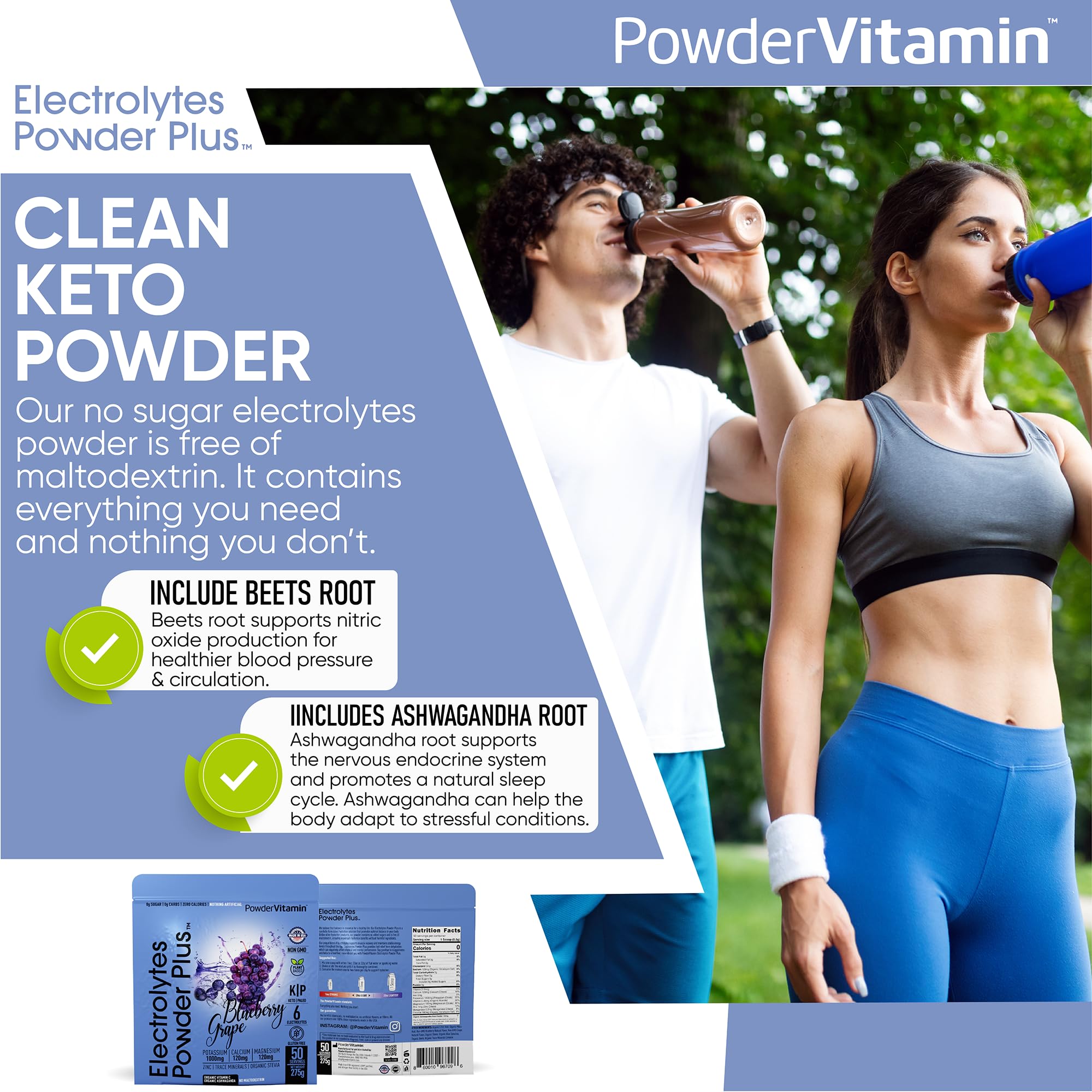 PowderVitamin Électrolytes Plus: flacon pratique, 50 portions pour les routines quotidiennes.