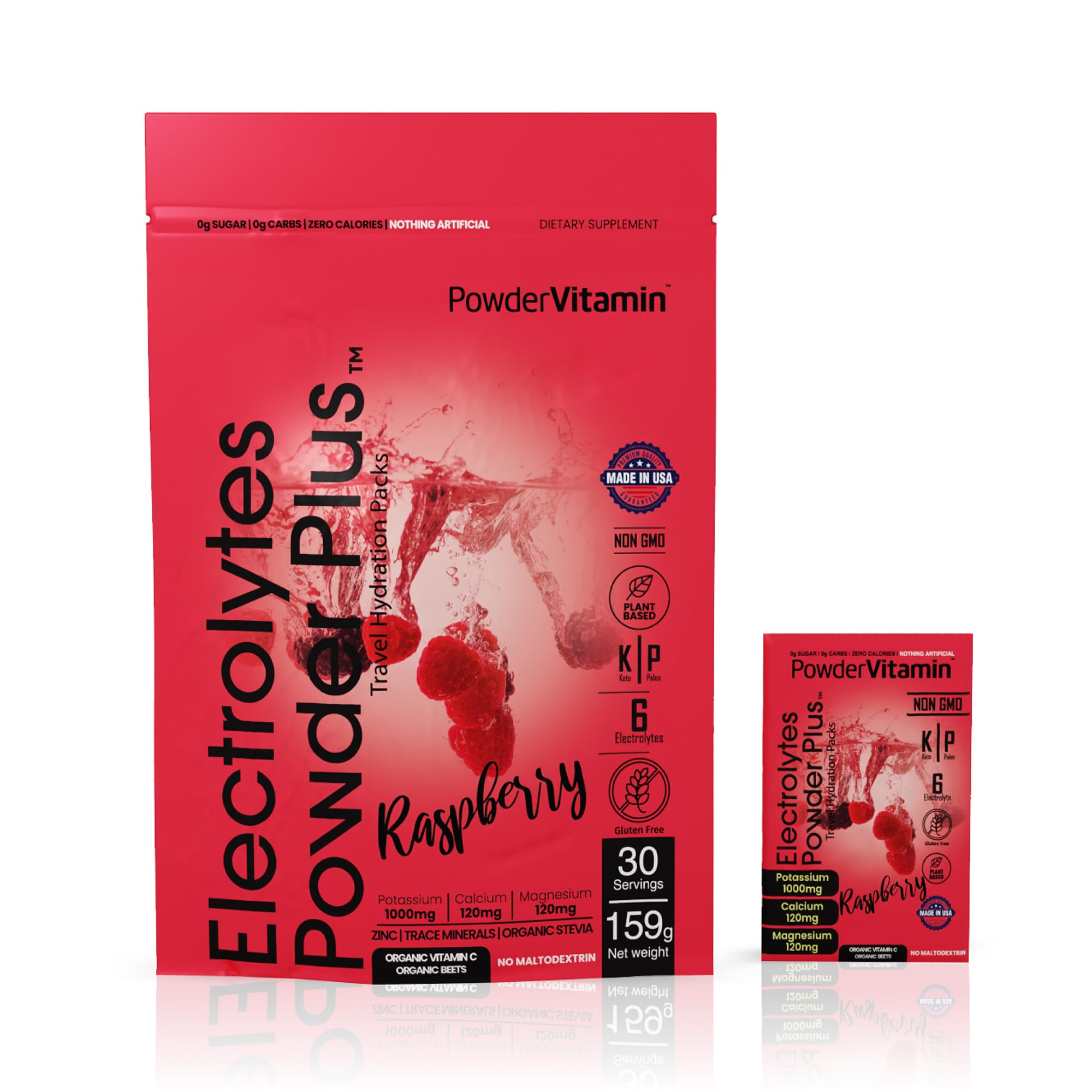 PowderVitamin Electrolytes, pochette framboise, hydratation pratique après l entraînement.