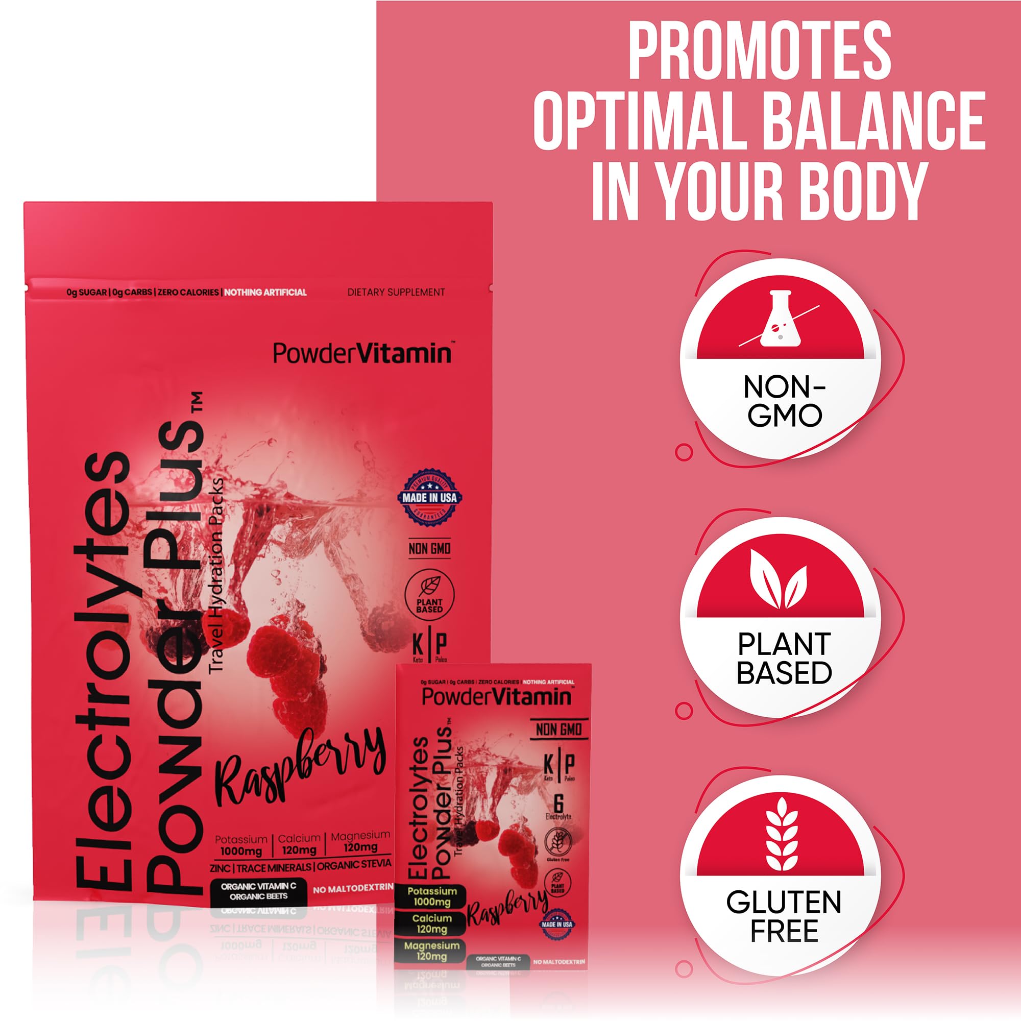 PowderVitamin Electrolytes, potassium 1000 mg pour l énergie quotidienne en framboise.