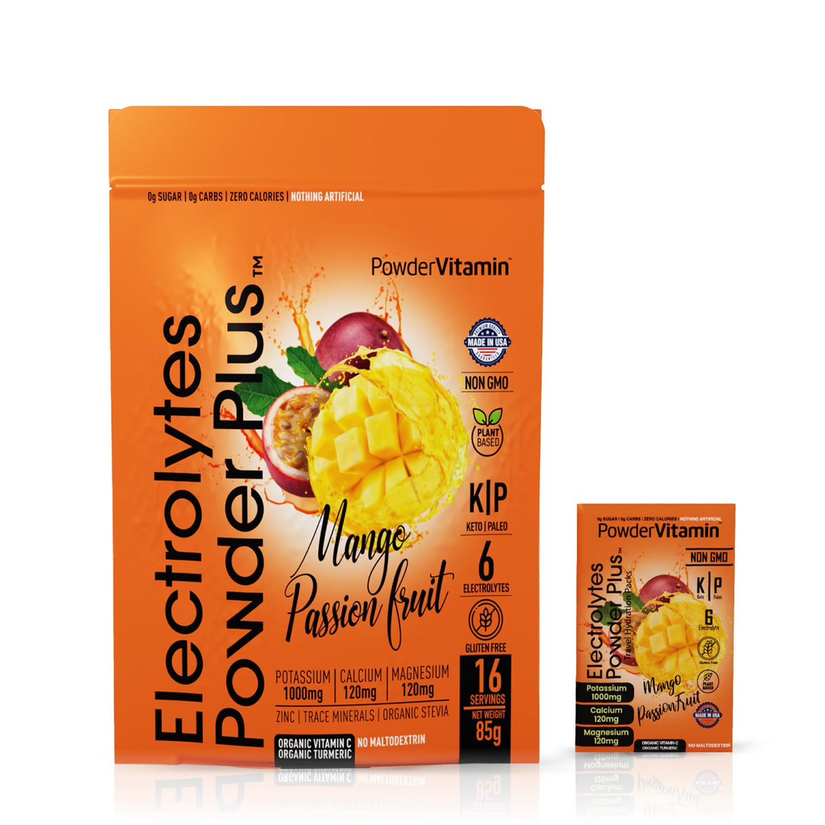 PowderVitamin Electrolytes mangue et fruit de la passion, sachets pratiques pour l'hydratation lors de l'entraînement.