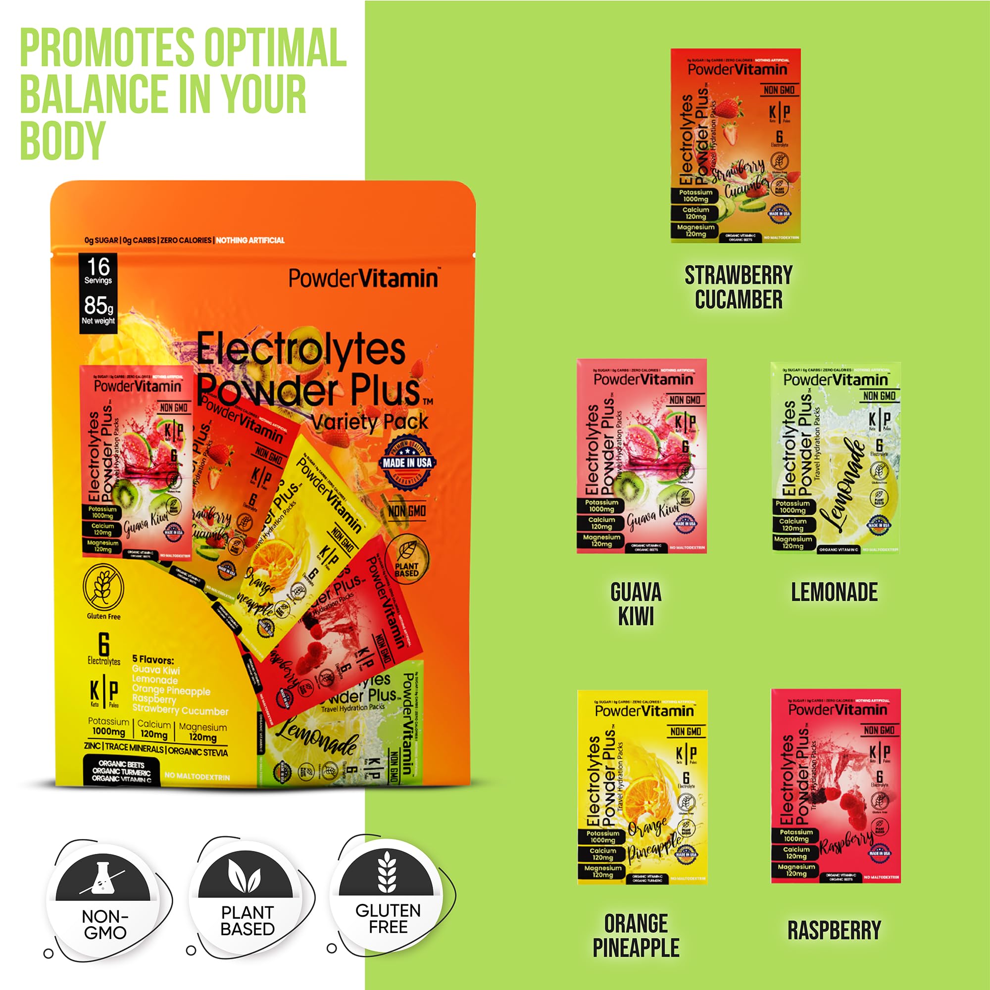 PowderVitamin Électrolytes Poudre Plus - dissolution rapide dans l'eau.