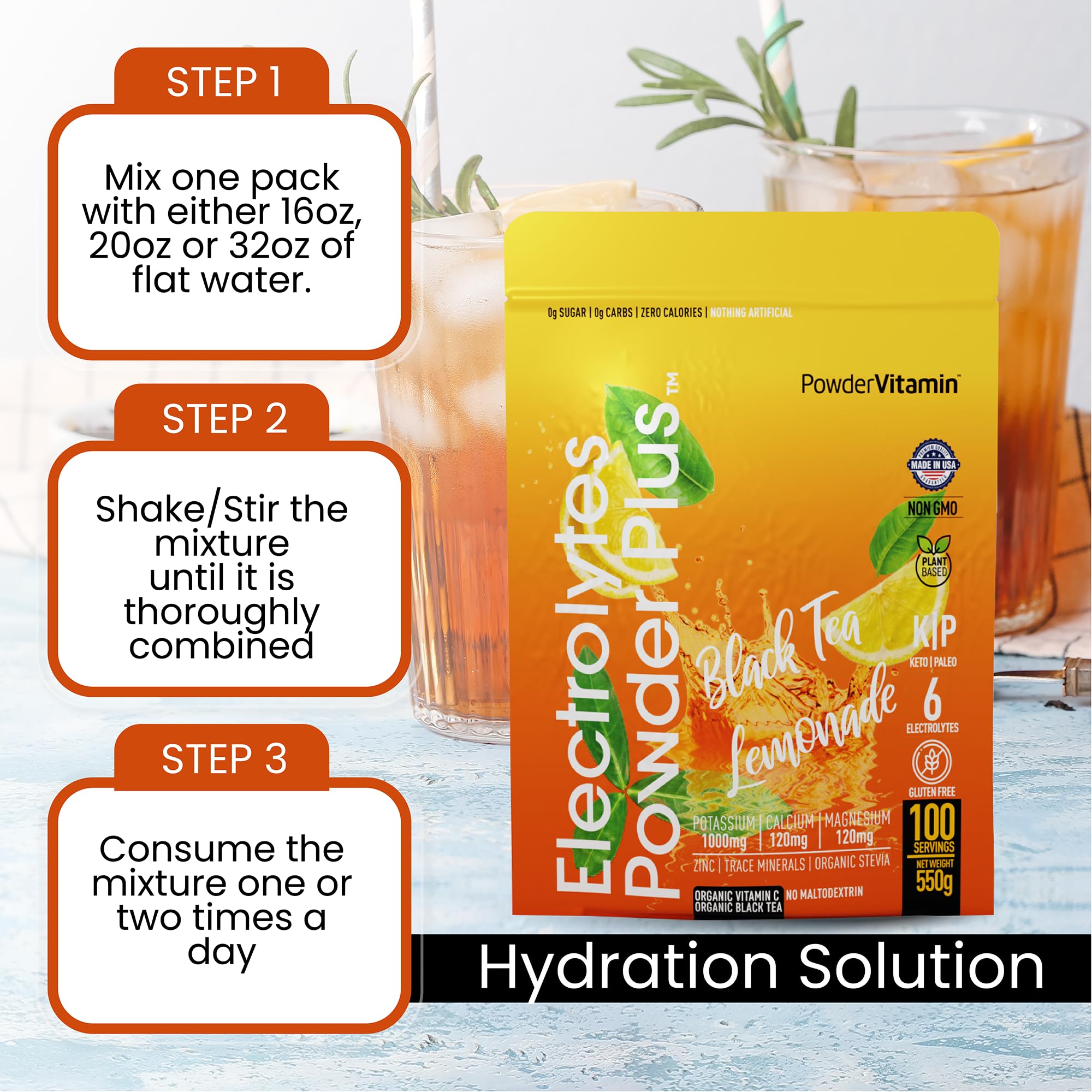 PowderVitamin Electrolytes Plus, thé noir citronné pour réhydratation après l'effort.