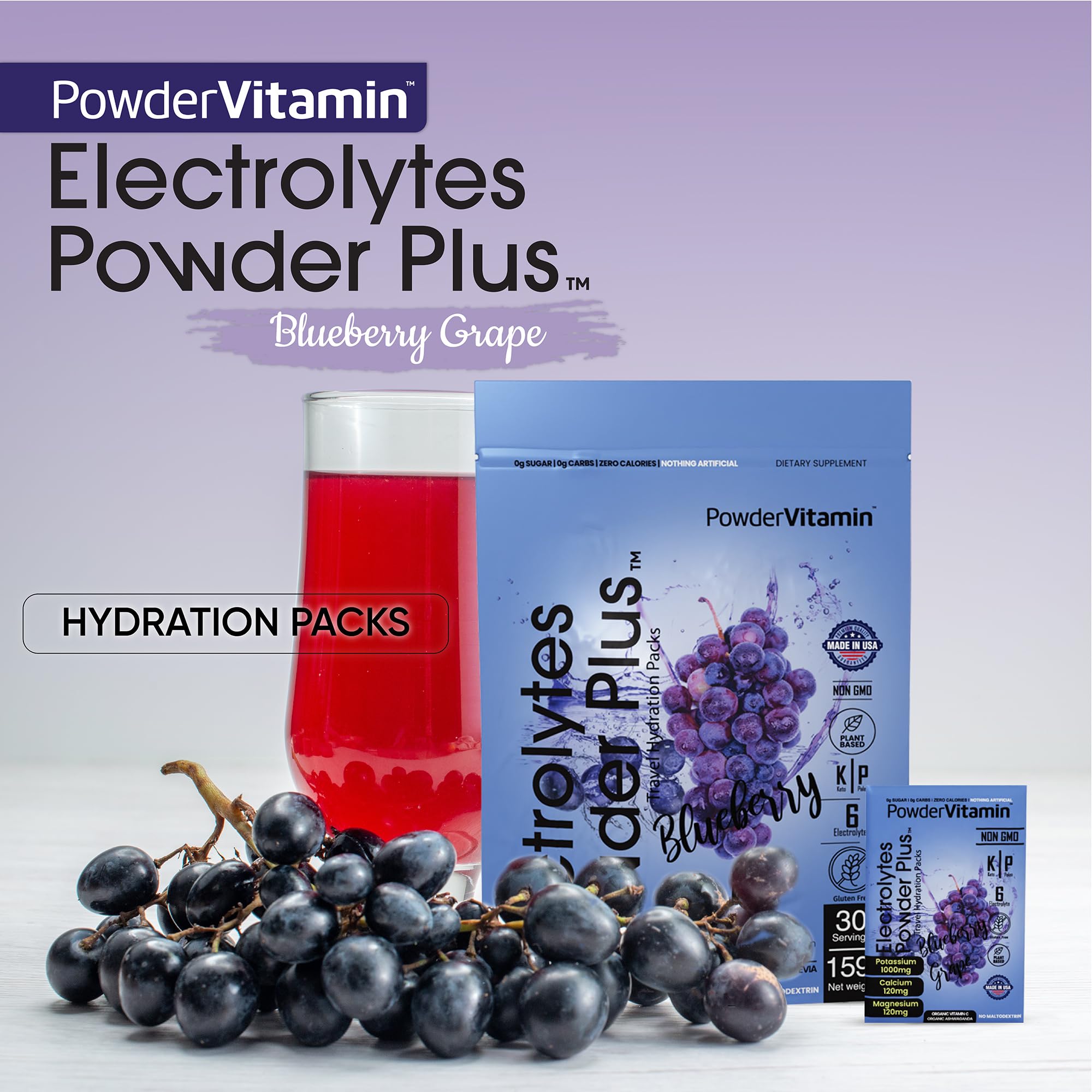 PowderVitamin Electrolytes Powder Plus – goût myrtille-raisin sans sucre.