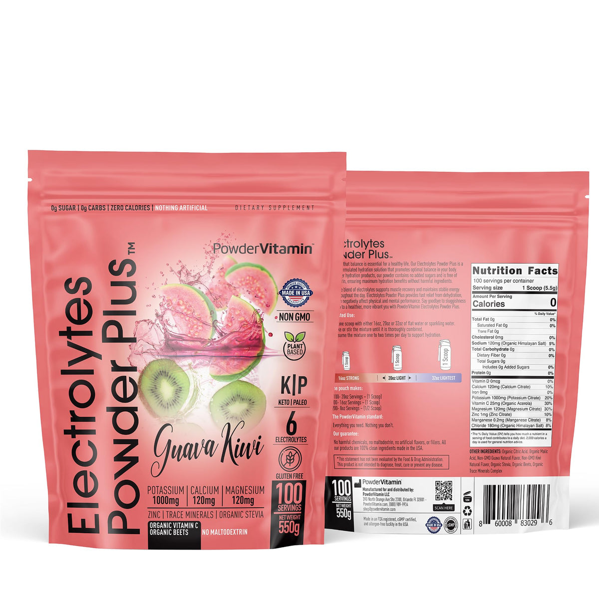 PowderVitamin Électrolytes Plus – poudre goyave-kiwi prête à hydrater sans calories