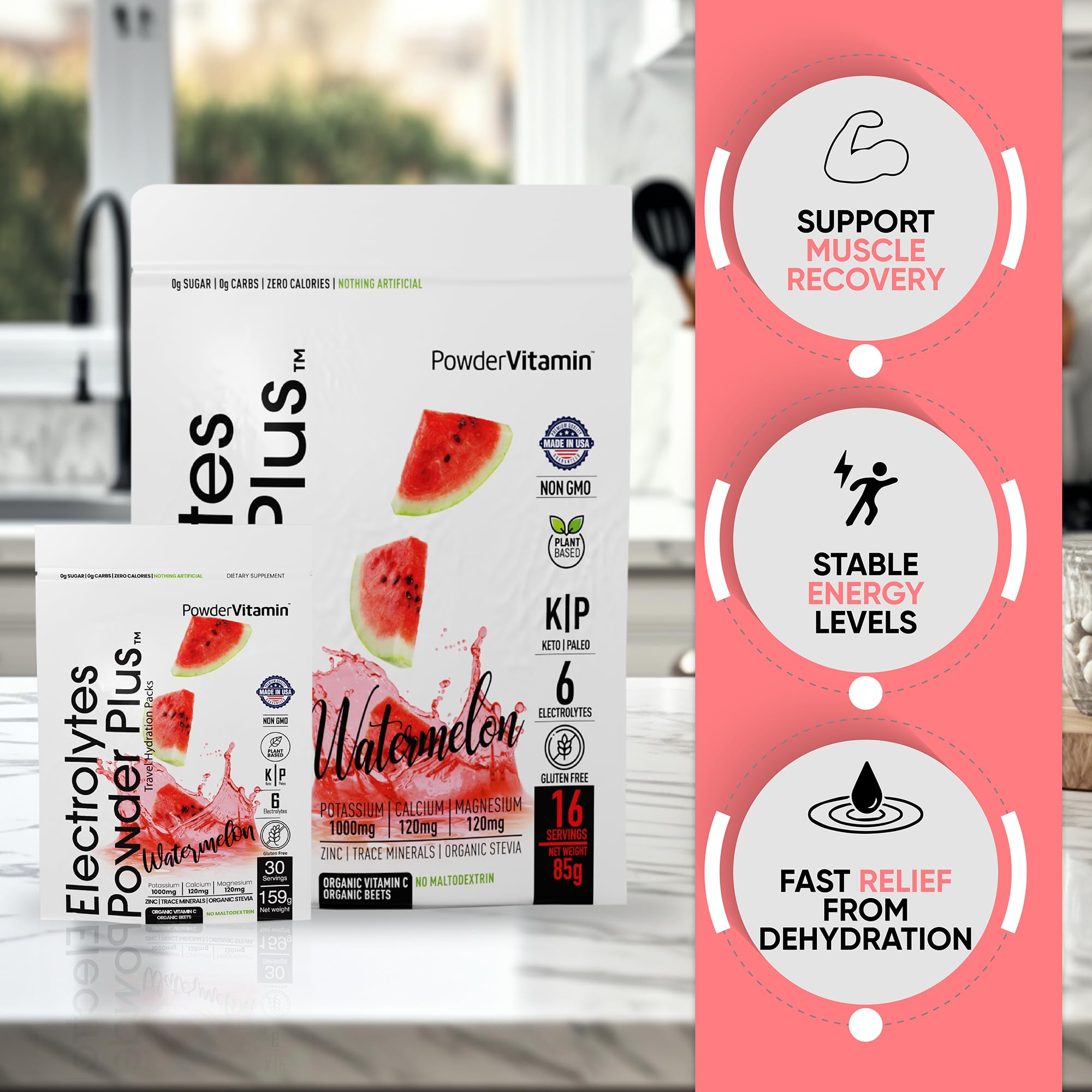 PowderVitamin Électrolytes Poudre Plus – ingrédients biologiques sans maltodextrine.