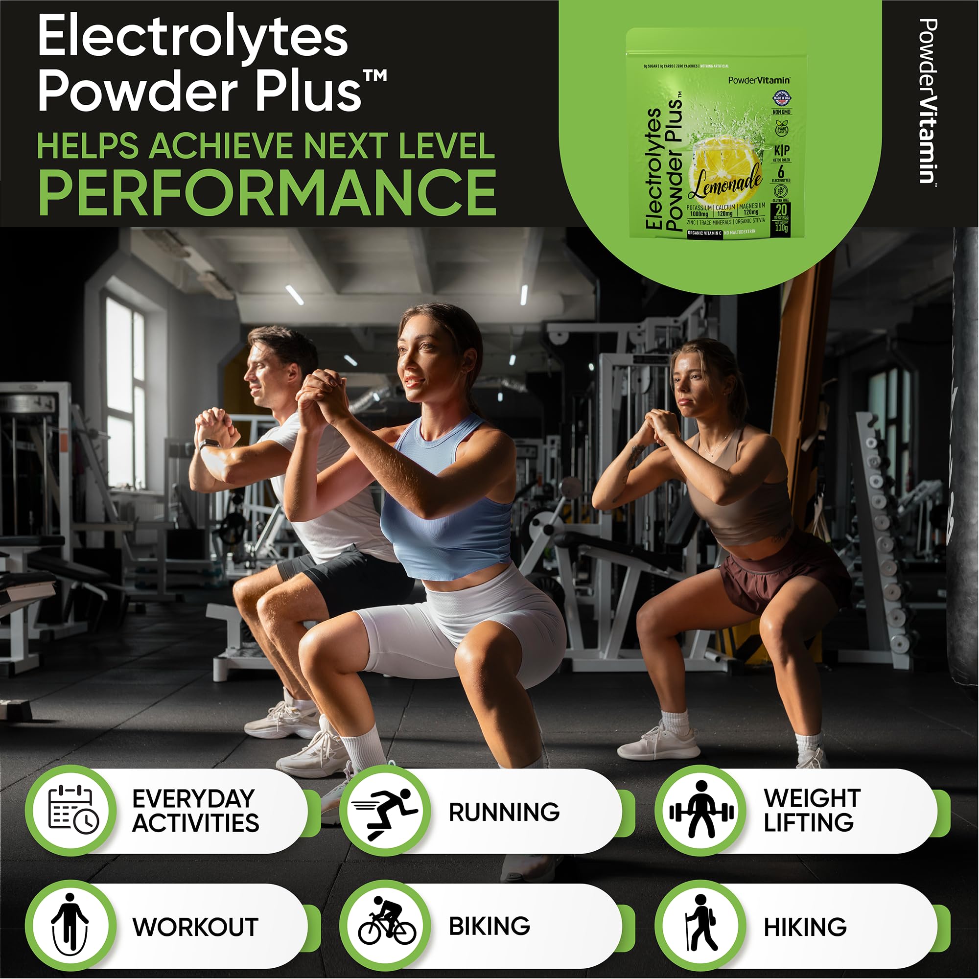 PowderVitamin Électrolytes Poudre Plus – Magnésium 120 mg pour l'hydratation et la détente musculaire.