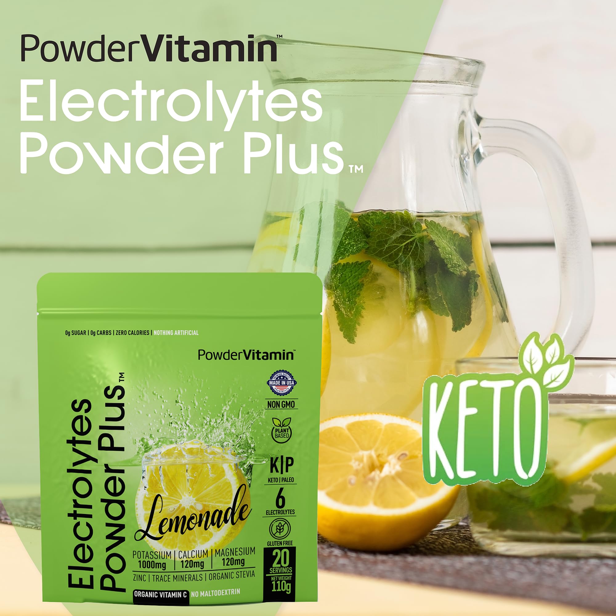 PowderVitamin Électrolytes Poudre Plus – 1000 mg potassium pour soutien musculaire pendant l'effort.