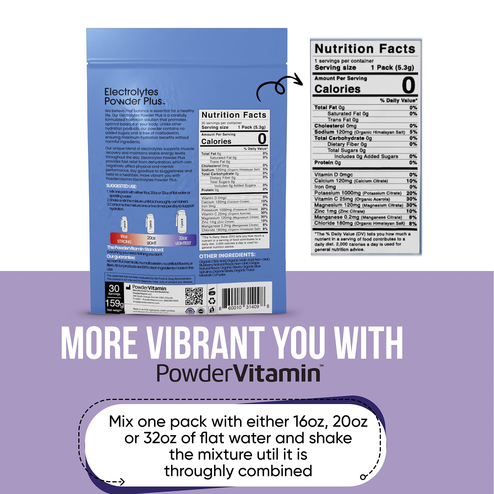 PowderVitamin Electrolytes Powder Plus – 1000 mg potassium pour l'équilibre.