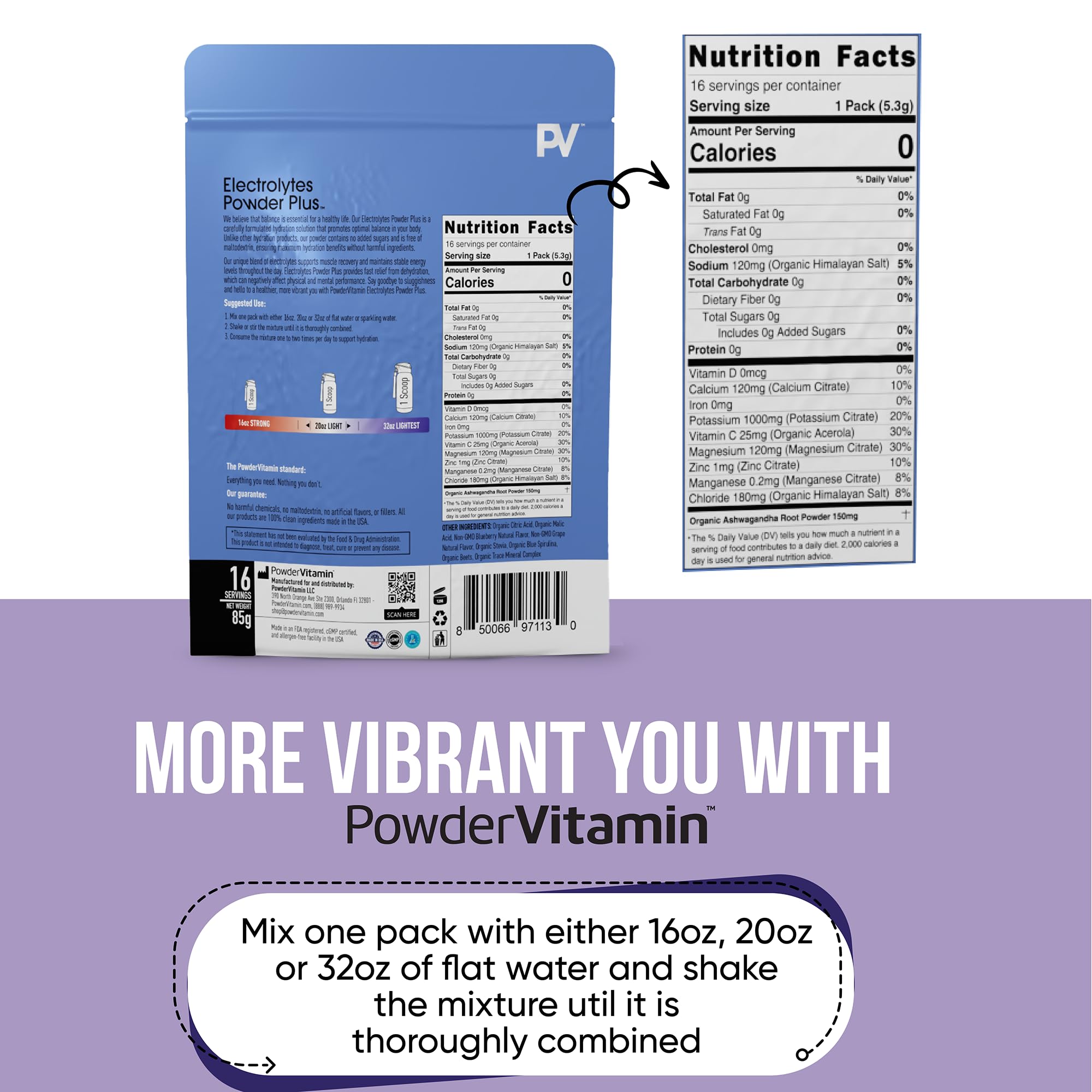 PowderVitamin Electrolytes Poudre Plus – préparation rapide dans l'eau