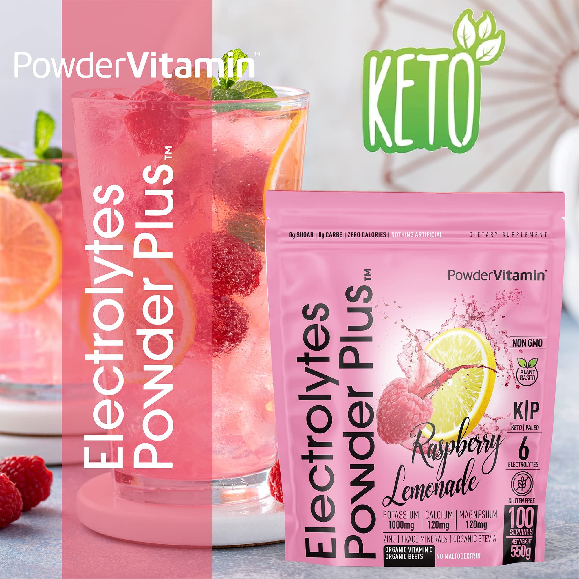 Sachet 550 g de PowderVitamin Electrolytes Poudre Plus prêt à mélanger.