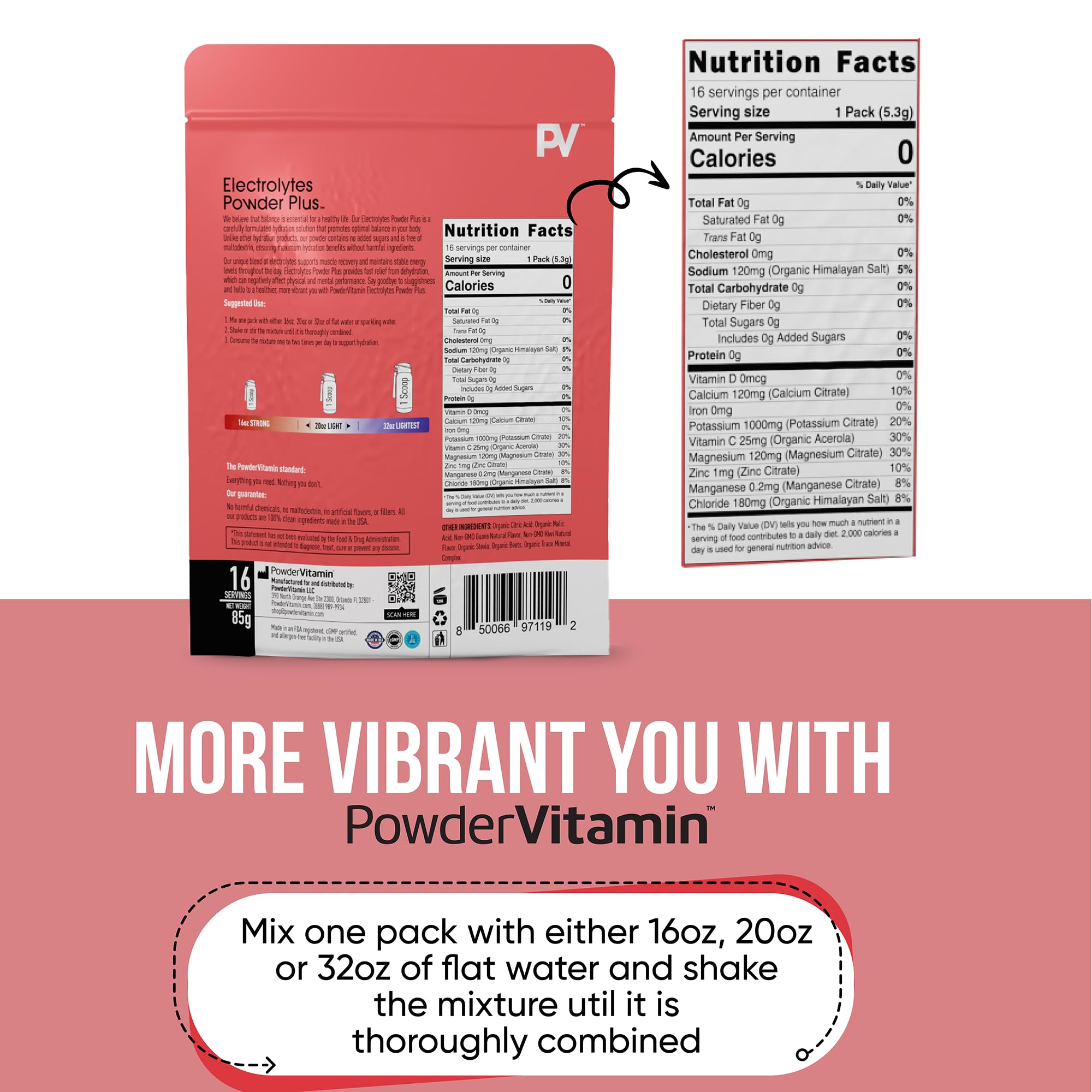 Sachets PowderVitamin Electrolytes Plus, parfaits pour voyages et sport.
